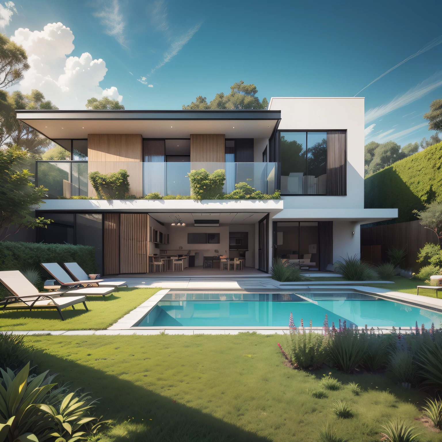 Organic modern architecture on a large plot of land out of sight, Terreno bastante grande, terreno paisagem, pradaria com arvores , There is a swimming pool in the middle of a large single-storey house with a glass room in the middle, cor da casa em vigas marrom chocolate e preto, large modern residence, telhados planos e jardim, render luxcore, renderizar oktane, a photorealistic rendering, architectural render, mantra rendering, architectural render, realism rendering, architectural visualisation, piscina de bem-estar, architectural visualisation, Large green areas, com pequenas zonas de flores de lavanda, arbustos verdes tipo exuberante jardim verde, as well as small water mirrors, swimming pool embedded in an area of sand, oliveiras e pinheiros ao redor da casa, 8k ultra-realista, muito detalhe