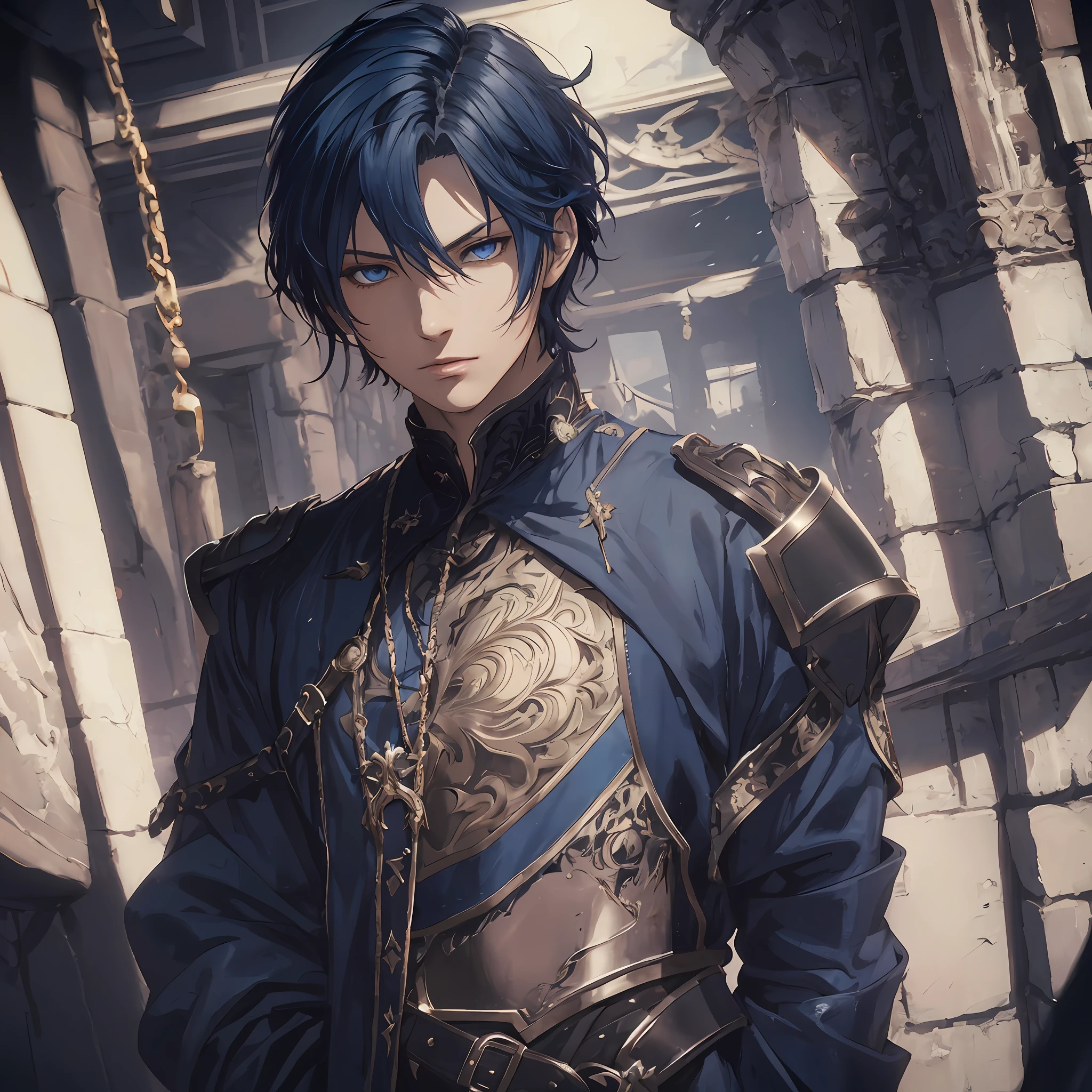 masterpiece, best quality, 1man, adult, male focus, solo, dark blue hair, short hair, blue eyes, looking at viewer, closed mouth, Fantasy aesthetics, Highly detailed, shadowverse style, black metal armor outfit