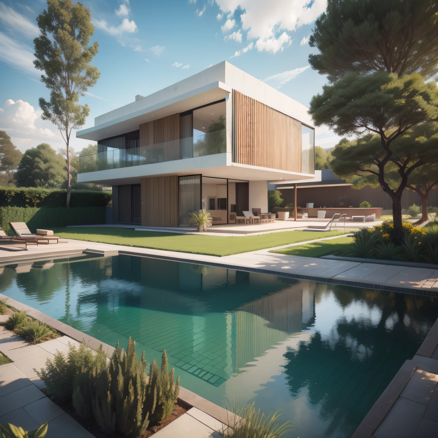 Organic modern architecture on a large plot of land out of sight, Terreno bastante grande, terreno paisagem, pradaria com arvores , There is a swimming pool in the middle of a large one-story house, cor da casa em vigas marrom chocolate e preto, large modern residence, telhados planos e jardim, render luxcore, renderizar oktane, a photorealistic rendering, architectural render, mantra rendering, architectural render, realism rendering, architectural visualisation, piscina de bem-estar, architectural visualisation, Large green areas, com pequenas zonas de flores de lavanda, arbustos verdes tipo exuberante jardim verde, as well as small water mirrors, swimming pool embedded in an area of sand, oliveiras e pinheiros ao redor da casa, 8k ultra-realista, muito detalhe