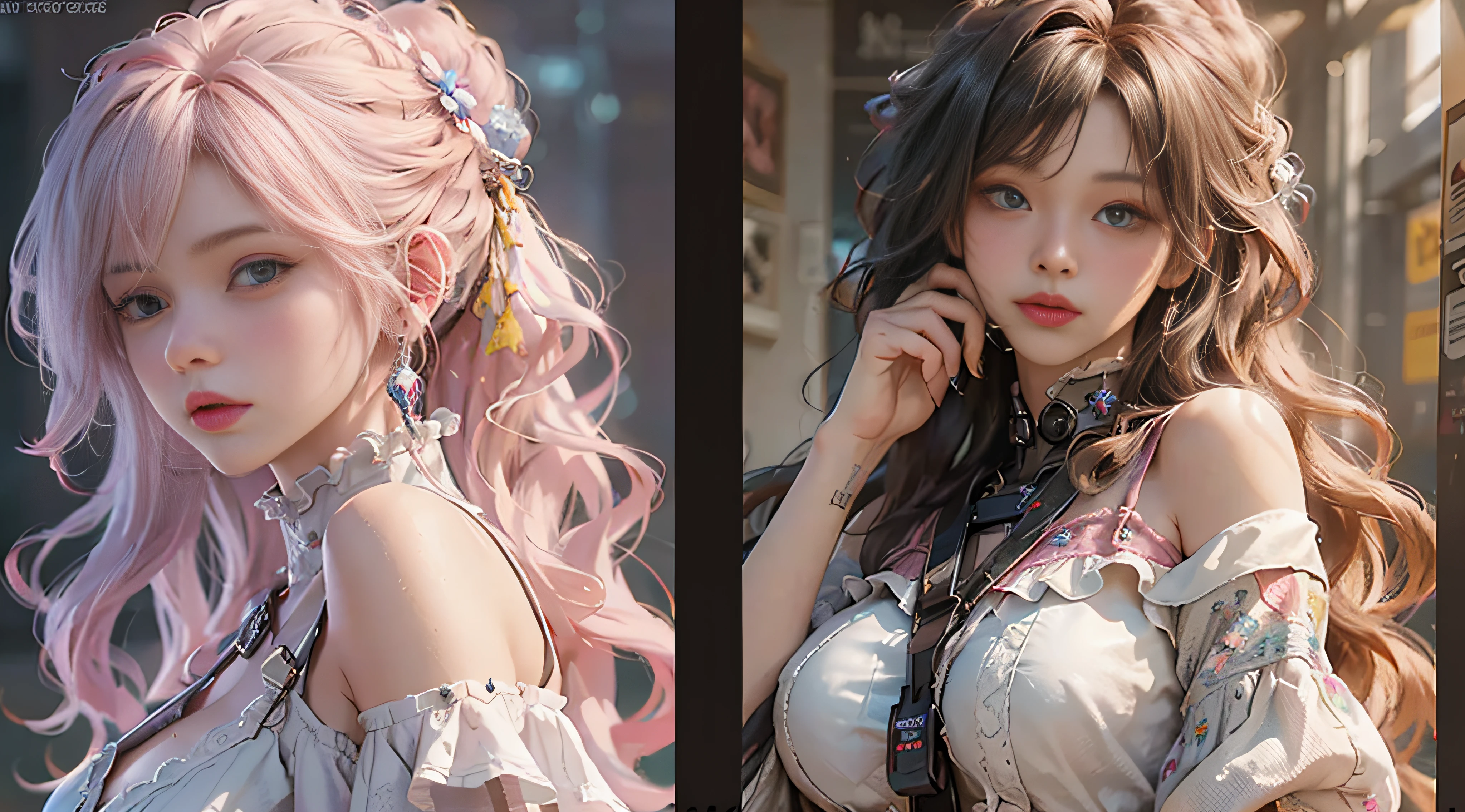 ((best qualtiy)), ((tmasterpiece)), (the detail:1.4), 3D, Beautiful cyberpunk female images,HDR(HighDynamicRange),Ray traching,NVIDIA RTX,Hyper-Resolution,Unreal 5,sub surface scattering,PBR textures,post-proces,Anisotropy Filtering,depth of fields,maximum definition and sharpness,Many-Layer Textures,Albedo e mapas Speculares,Surface Coloring,Mitsu-Accurate simulation of material interactions,perfectly proportions,rendering by octane,Two-colored light,largeaperture,Low ISO,White balance,Rule three points、8K RAW、beautiful bright pupils,off-the-shoulder clothes,Fine pupils,Delicate face and eyes,long eyelasher,Blushlush,Delicate and fluffy hair,Pink lips,Pure,cute big breasts,Sweet girl,Artistic sense,Casual wear,Sense of premium
Warming up