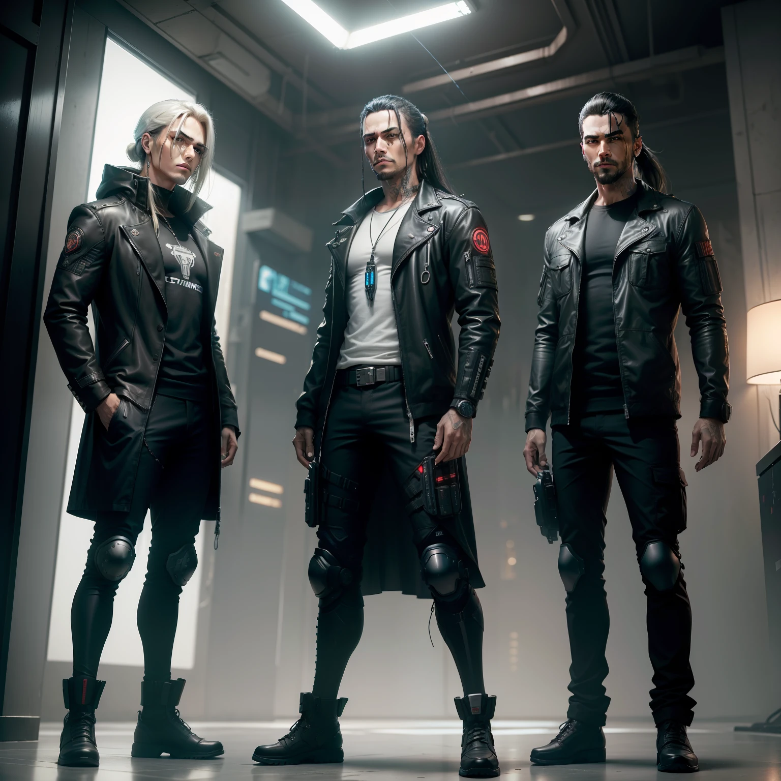 ((Melhor qualidade)), ((obra-prima)), (altamente detalhado:1.3), 3D, (cyberpunk:1.3), Um homem alto e musculoso, por volta dos 30 anos. Her half-long hair is tied up in a ponytail, com algumas mechas soltas. Ele tem olhos penetrantes de cor azul intenso e uma barba rala. Tristan usa uma jaqueta de couro preta, a long-sleeved dress shirt also black, lead gray cargo pants with knee pads and tactical boots, fios e cabos de energia estilo matrix