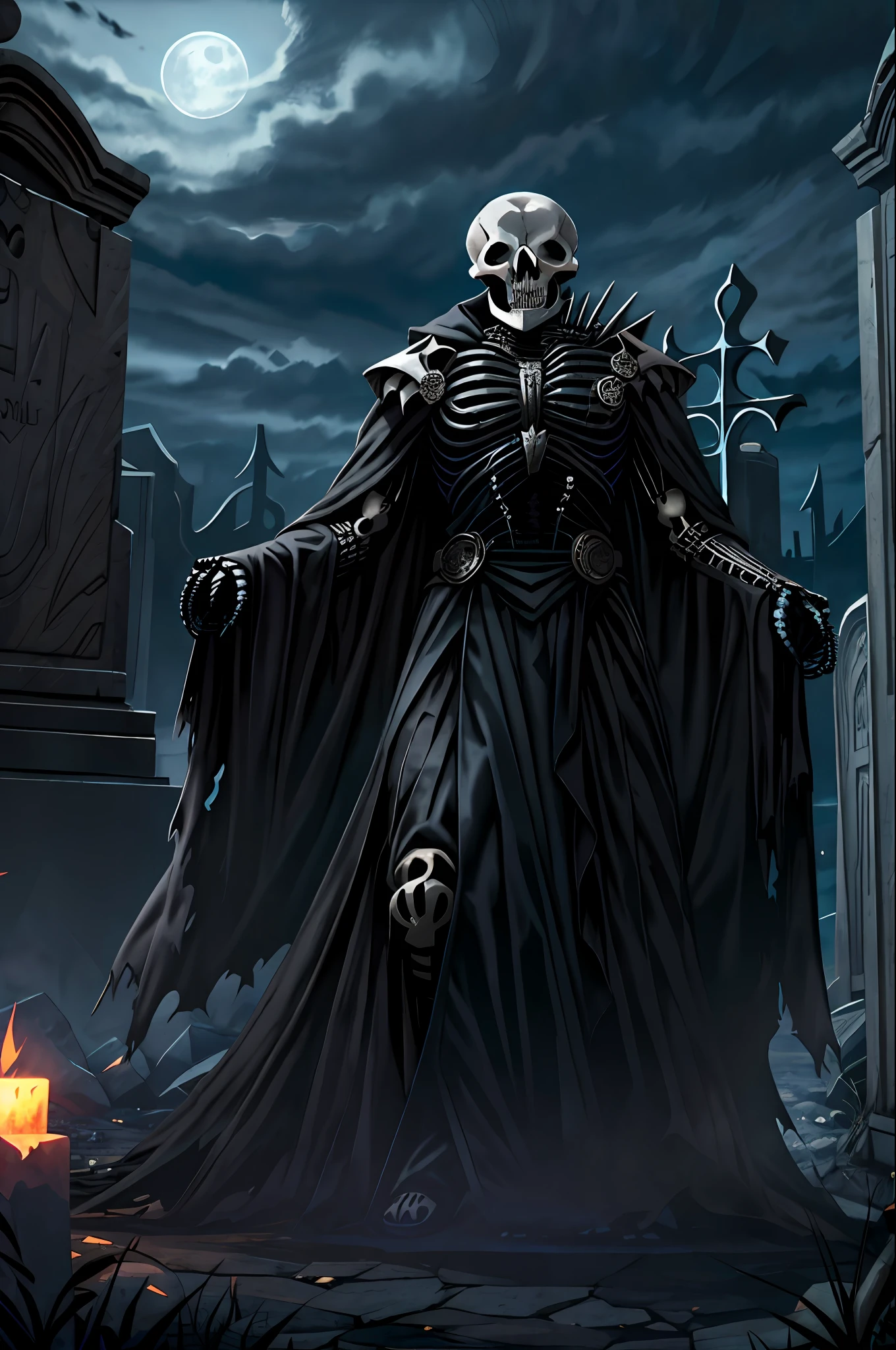 magv1ll, skeleton necromancer, glowing eyes, ornate torn black robe, graveyard, night