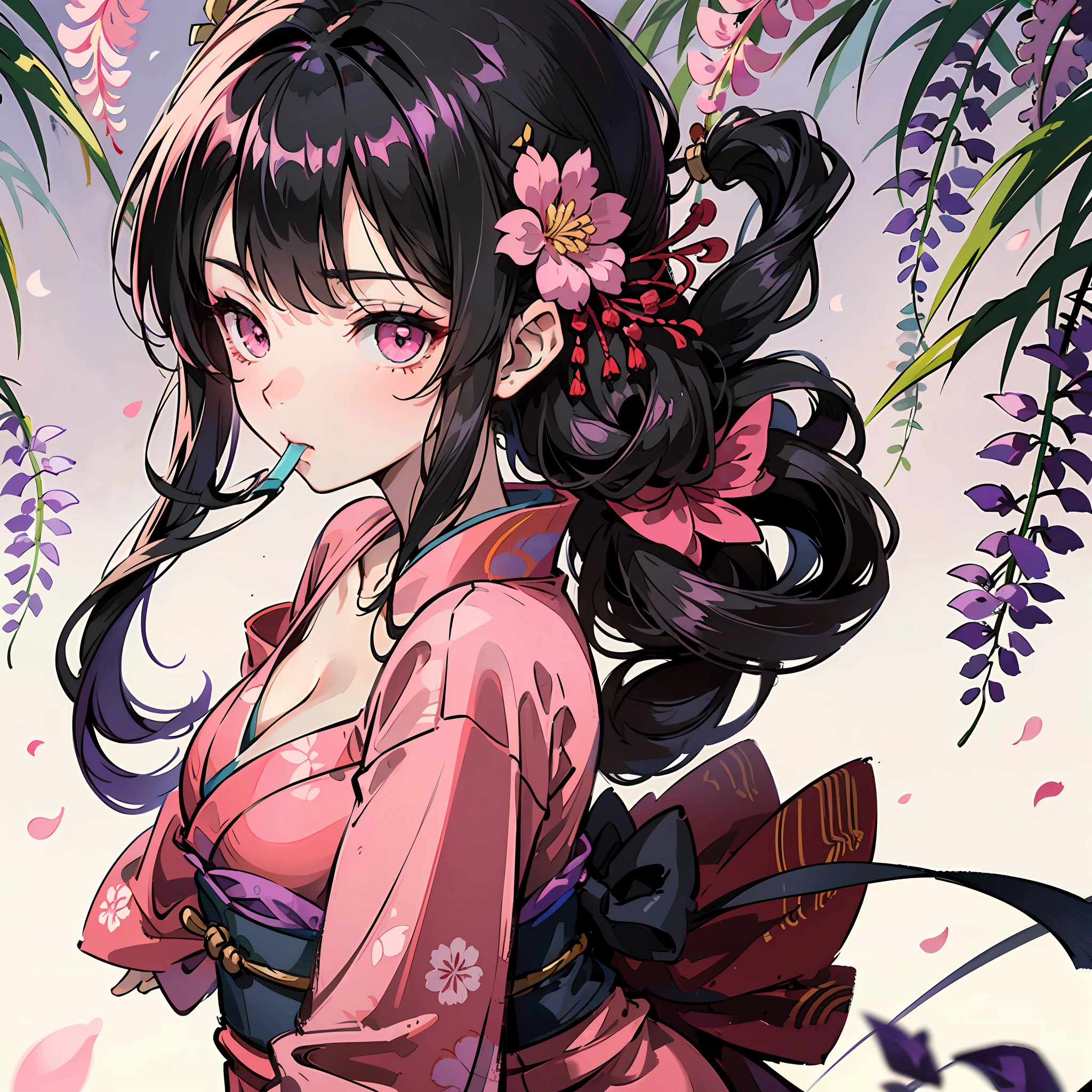 masterpiece, (pink kimono), li, seductive face, good lighting, décolleté, huge breasts, small details, masterpiece, glowing eyes, 1girl, black hair, gag, bamboo, Nezuko Kamado, wisteria background, masterpiece, best quality, POV, whole body, slim legs --auto
