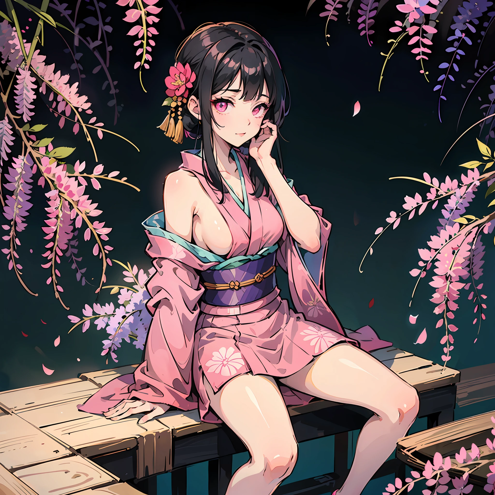 masterpiece, (pink kimono), loli, seductive face, good lighting, décolleté, huge breasts, small details, masterpiece, glowing eyes, 1girl, black hair, gag, bamboo, Nezuko Kamado, wisteria background, masterpiece, best quality, POV, whole body, slim legs --auto