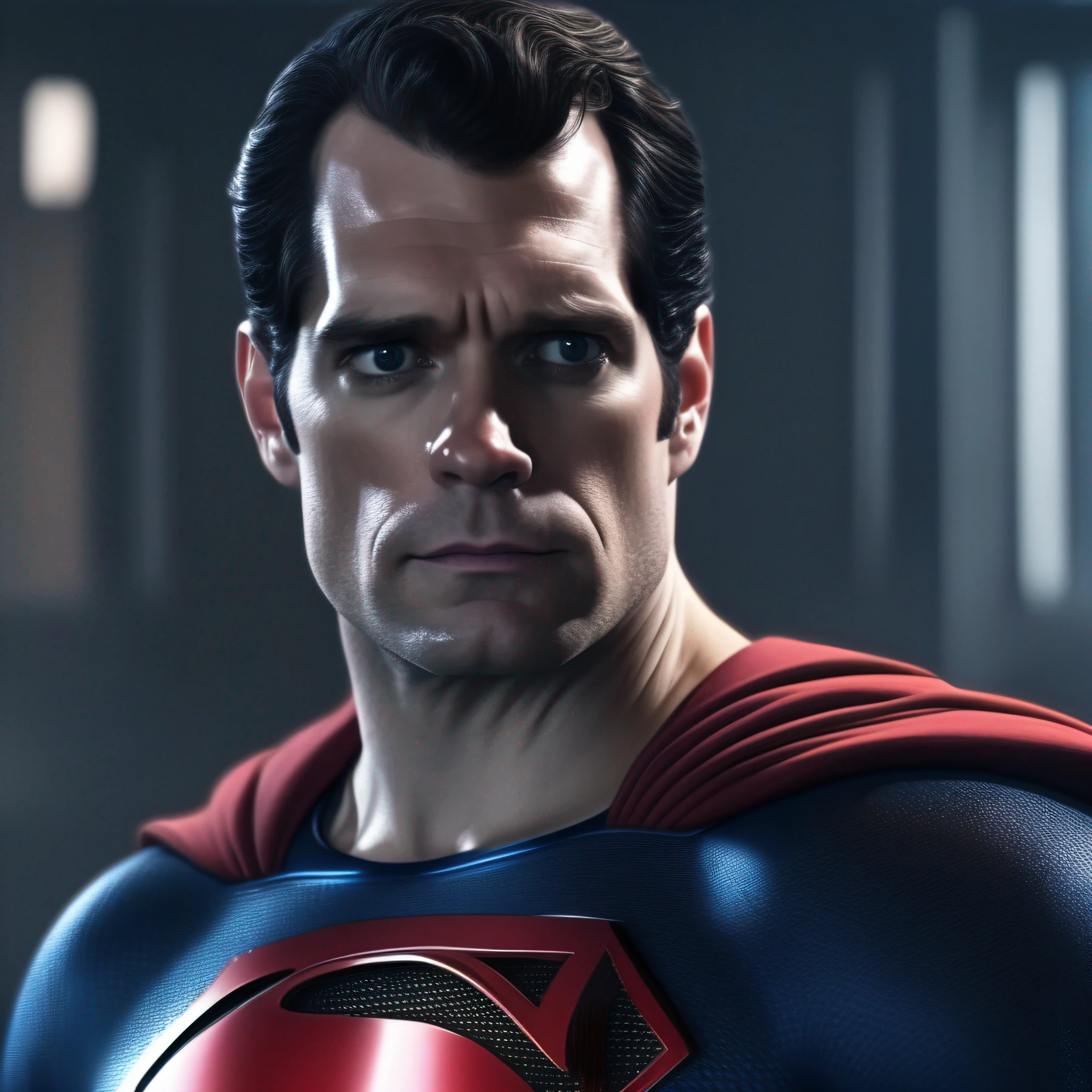 1 man, solo, Henry Cavill as Superman, 40s year old, all blue and red details suit, bare hands, big red S symbol on the chest, red cape, strain of hair covering forehead, short cut hair, tidy hair, tall, manly, hunk body, muscular, wide shoulder, straight face, black hair, best quality, high resolution:1.2, masterpiece, photorealism, dark background, detailed suit, detailed face, upper body shot, crossed arms, runic scene in the background