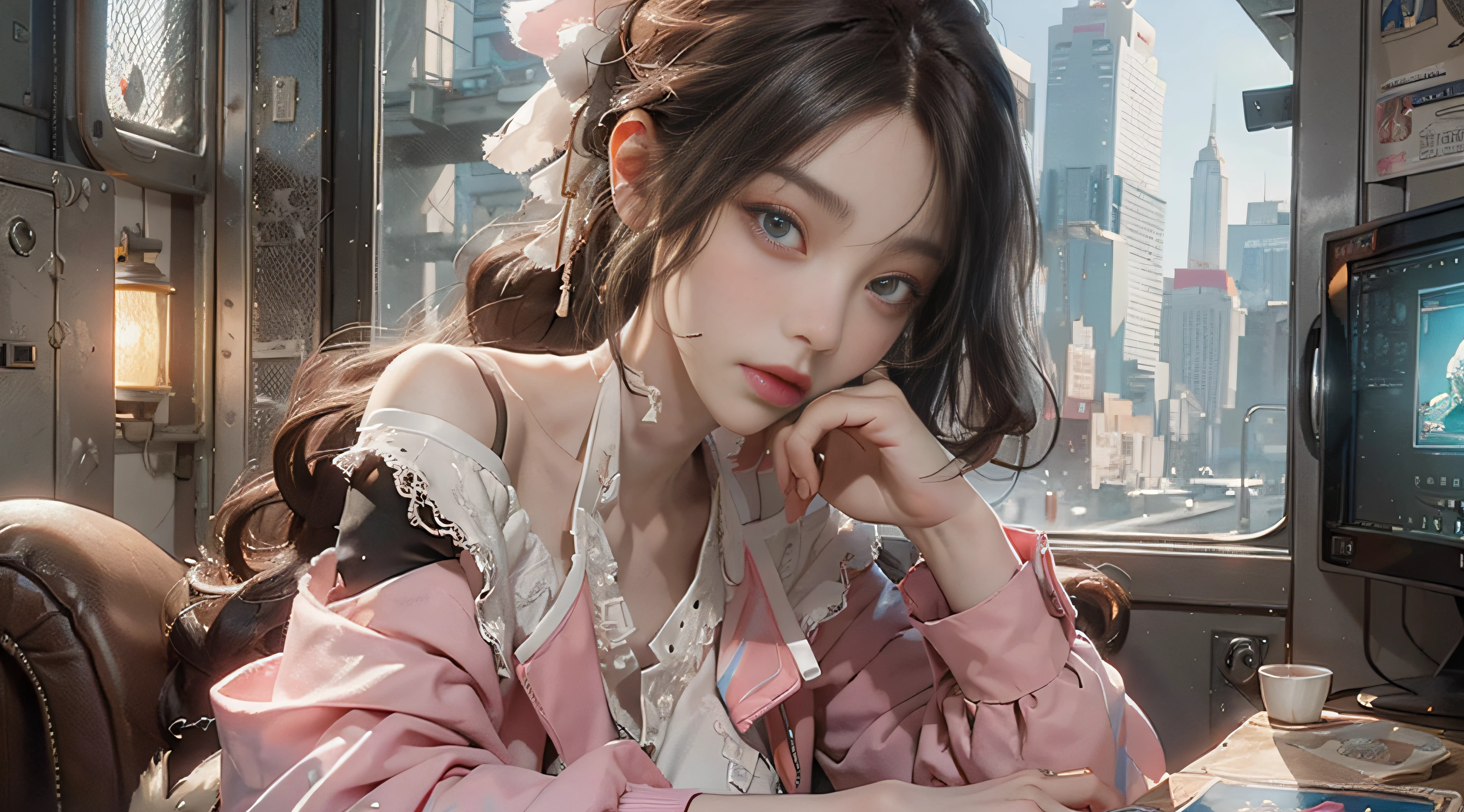 ((Best Quality)), ((Masterpiece)), (Detail: 1.4), 3D, Beautiful Cyberpunk Female Image, HDR (High Dynamic Range), Ray Tracing, NVIDIA RTX, Super Resolution, Unreal 5, Subsurface Scattering, PBR Texture, Post-Processing, Anisotropic Filtering, Depth of Field, Maximum Sharpness and Sharpness, Multi-layer Texture, Albedo and Highlight Mapping, Surface Coloring, Mitsu-Accurate Simulation of Material Interactions, Perfect Proportions, Octane Rendering, Two-color Light, Large Aperture, Low ISO, white balance, regular three-point, 8K RAW, beautiful bright pupils, off-the-shoulder clothes, fine pupils, delicate face and eyes, long eyelashes, blush, delicate and fluffy hair, pink lips, pure, cute, sweet girl, artistic sense, casual wear, high-end sense
