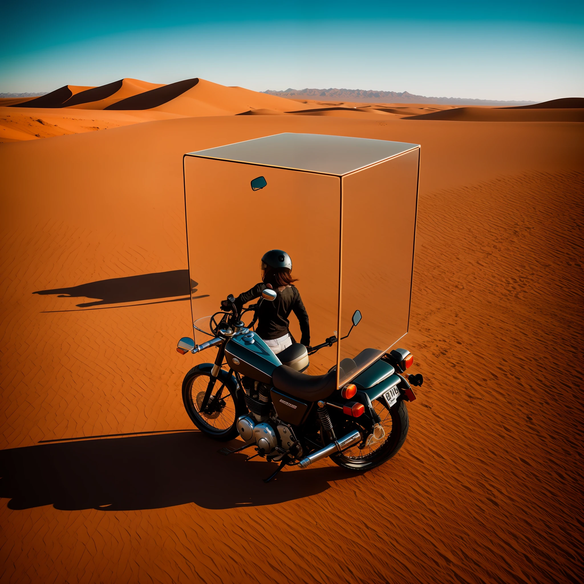 A glass cube，There is desert inside ,A Jialing JH70 motorcycle ，Female riders，Realistic desert environment, Soft light warm red background,, Cinematic, darkened with color, Bright lens, pastel colour, film grainy, Bright