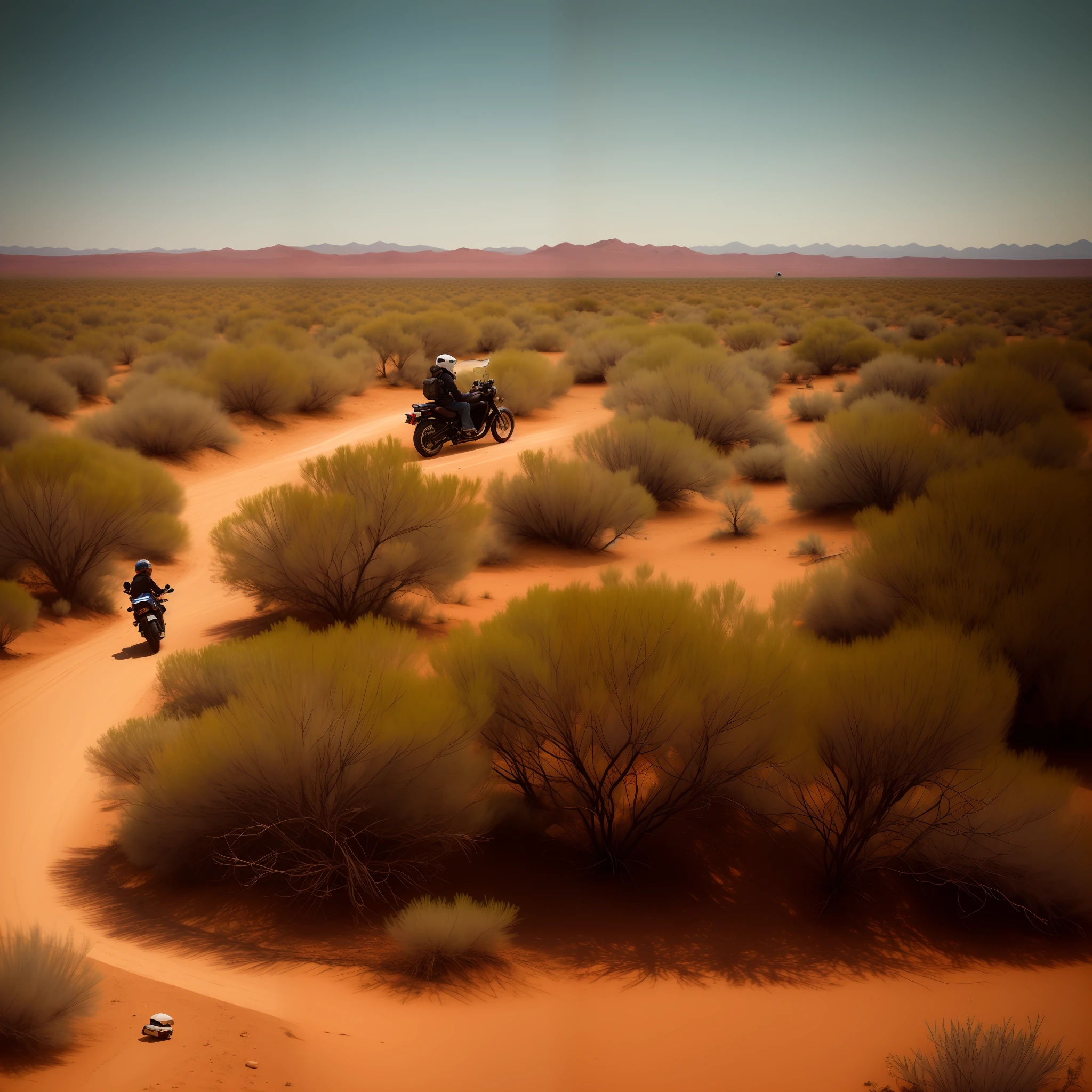 A glass cube，There is desert inside ,A Jialing JH70 motorcycle ，Female riders，Realistic desert environment, Soft light warm red background,, Cinematic, darkened with color, Bright lens, pastel colour, film grainy, Bright