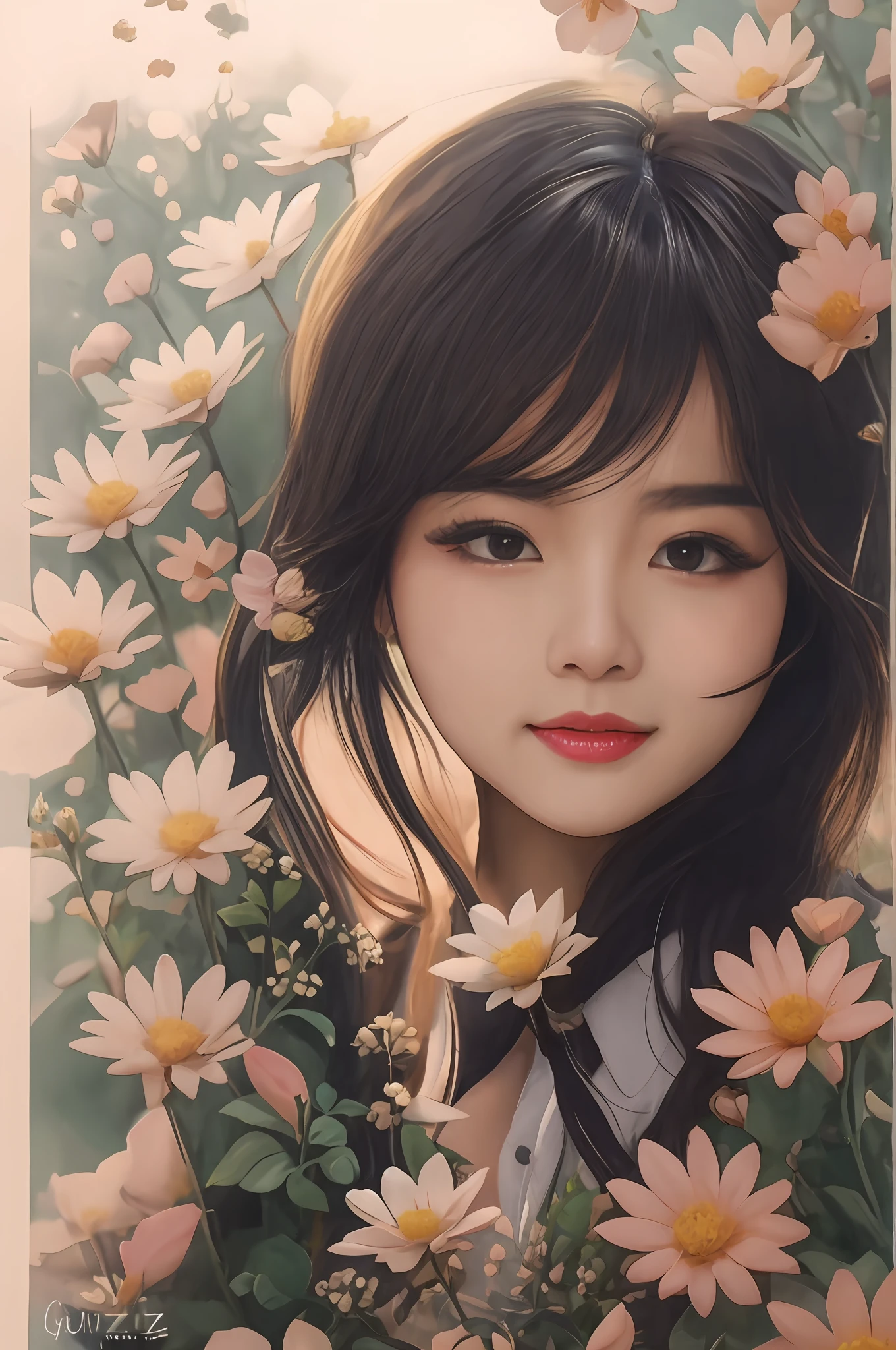 Has a long hair,Girl with flowers in her hair, Realistic cute girl painting, Kawaii realistic portrait, Guviz-style artwork, detailed portrait of an anime girl, Realistic. Cheng Yi, detailed face of a asian girl, Girl in flowers, By Li Song, yanjun cheng, A beautiful artwork illustration, Beautiful character painting, korean artist,Clear big eyes,Short eyelashes,Melon seed face,Enchanted smile,high qulity,realisticlying
