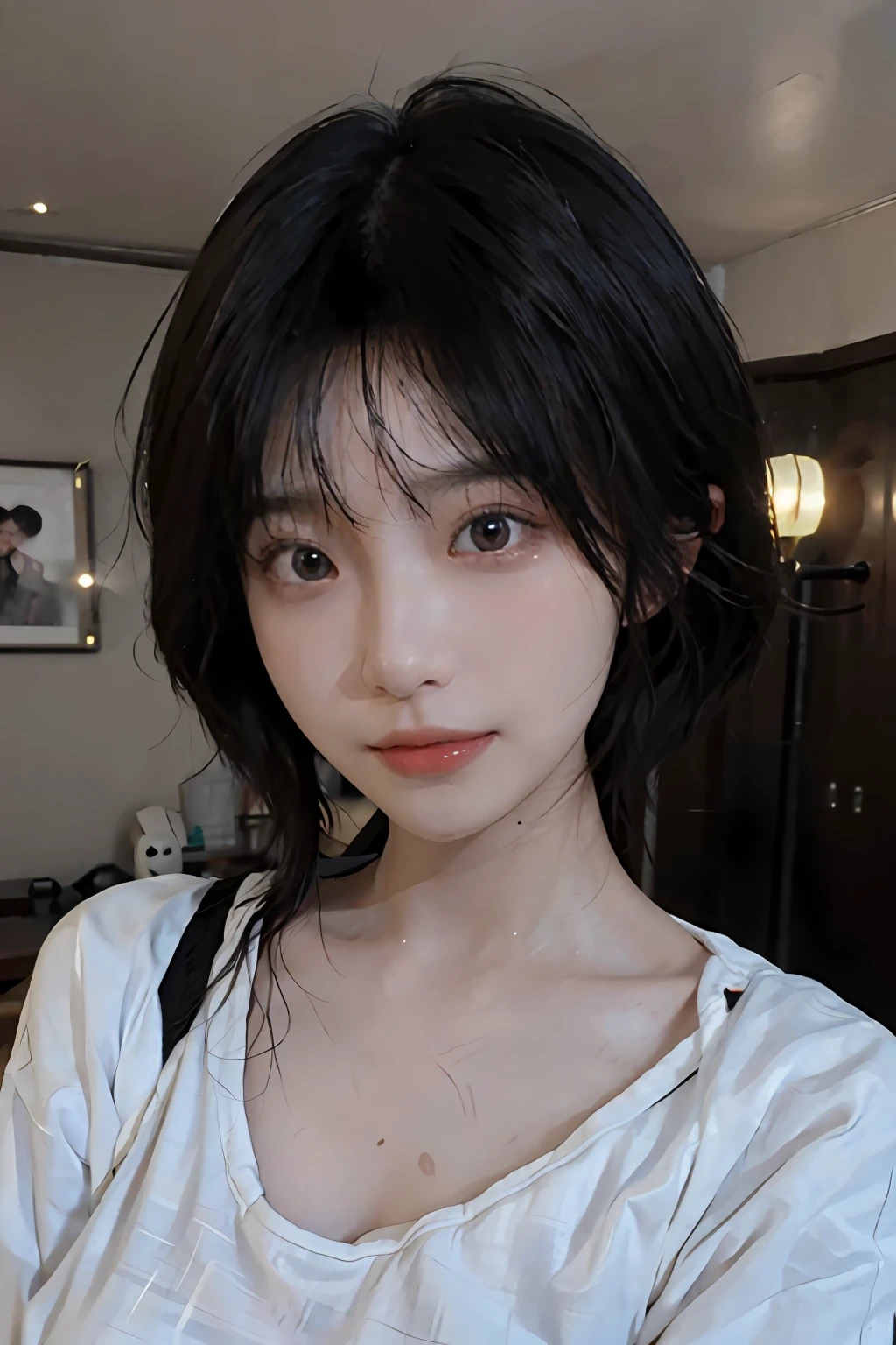 ((Top Quality, 8k, Masterpiece: 1.3)),detailed eyes,best quality,ultra high definition (reality:1.4),professional photo,1girl,professional lighting,Korean girl,beauty korean girl,cute korean girl,
detailed skin,beautiful skin,messy hair,black hair,bobcut,(ultra realistic),(dropping tits: 1.2),,medium boobs,black microbikini,sweating,detailed face,empty white room,(ultra detailed),(beautifully detailed eyes),detailed face
,Double Eyelids, shiny skin,