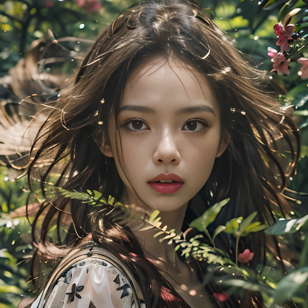 one-girl,shift dresses,Barefoot,Exquisite facial features,The face is clear and detailed,
exteriors,the rainforest,
in the afternoon,after rainny,Dingdall effect,
fully body photo,中景 the scene is,
The wind blows through the maple leaves,dust kicked up,
tmasterpiece, hyper HD, Best picture quality, A high resolution,16k, hyper-high detail,
photorealestic,