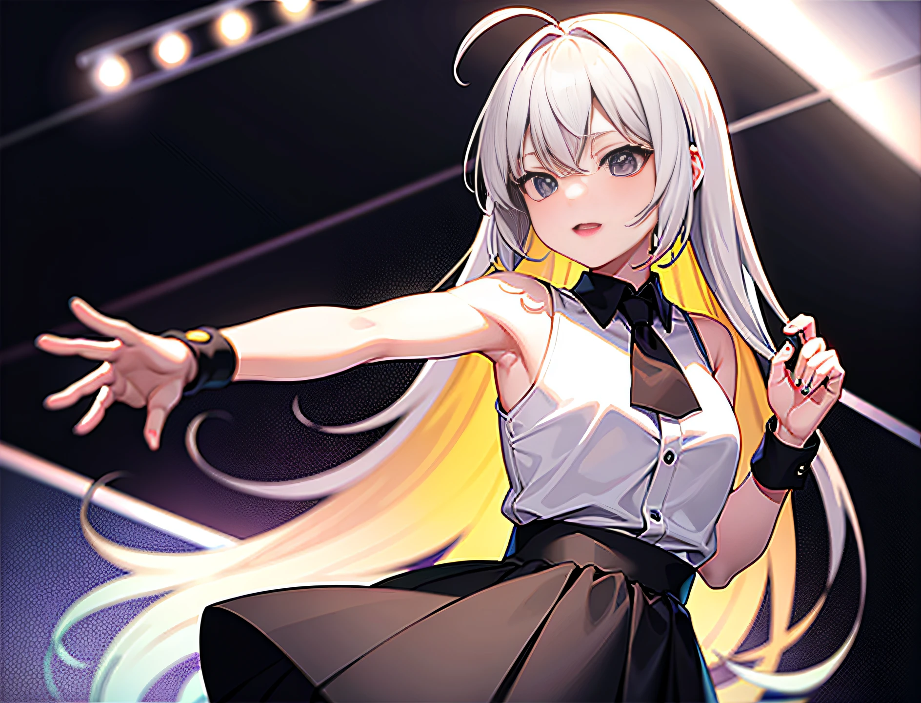 best qualtiy，超高分辨率，1girl，sleeveless white button shirt，a black skirt，18yr old，adolable，（Kpop idol），（aegyo sal：1），（Platinum blonde hair：1），（（puffy eye）），It looks like in front of the audience，（full bodyesbian：1.5），facing the front there