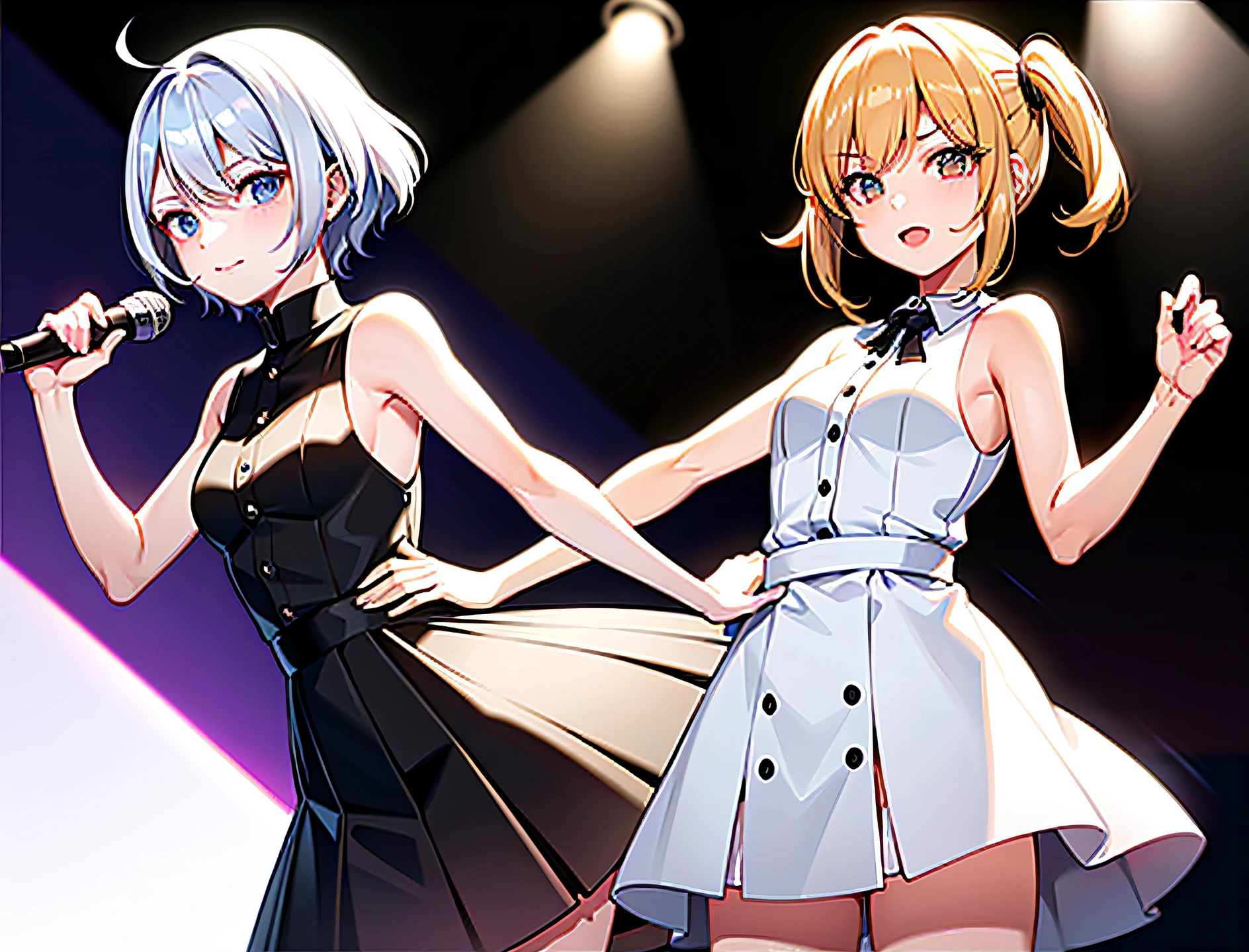 best qualtiy，超高分辨率，1girl，sleeveless white button shirt，a black skirt，18yr old，adolable，（Kpop idol），（aegyo sal：1），（Platinum blonde hair：1），（（puffy eye）），It looks like in front of the audience，（full bodyesbian：1.5），facing the front there