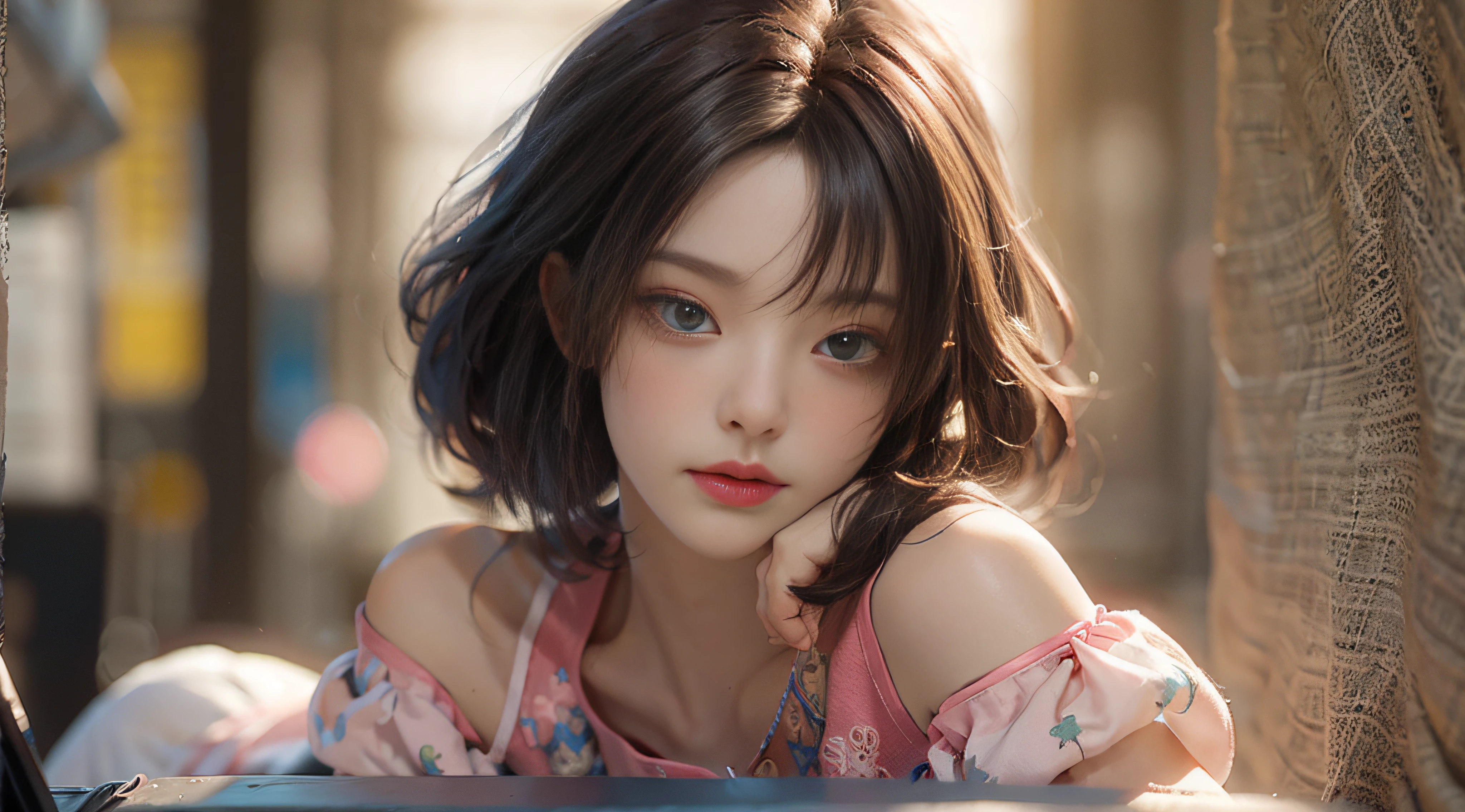 ((Best Quality)), ((Masterpiece)), (Detail: 1.4), 3D, Beautiful Cyberpunk Female Image, HDR (High Dynamic Range), Ray Tracing, NVIDIA RTX, Super Resolution, Unreal 5, Subsurface Scattering, PBR Texture, Post-Processing, Anisotropic Filtering, Depth of Field, Maximum Sharpness and Sharpness, Multi-layer Texture, Albedo and Highlight Mapping, Surface Coloring, Mitsu-Accurate Simulation of Material Interactions, Perfect Proportions, Octane Rendering, Two-color Light, Large Aperture, Low ISO, white balance, regular three-point, 8K RAW, beautiful bright pupils, off-the-shoulder clothes, fine pupils, delicate face and eyes, long eyelashes, blush, delicate and fluffy hair, pink lips, pure, cute, sweet girl, artistic sense, casual wear, high-end sense