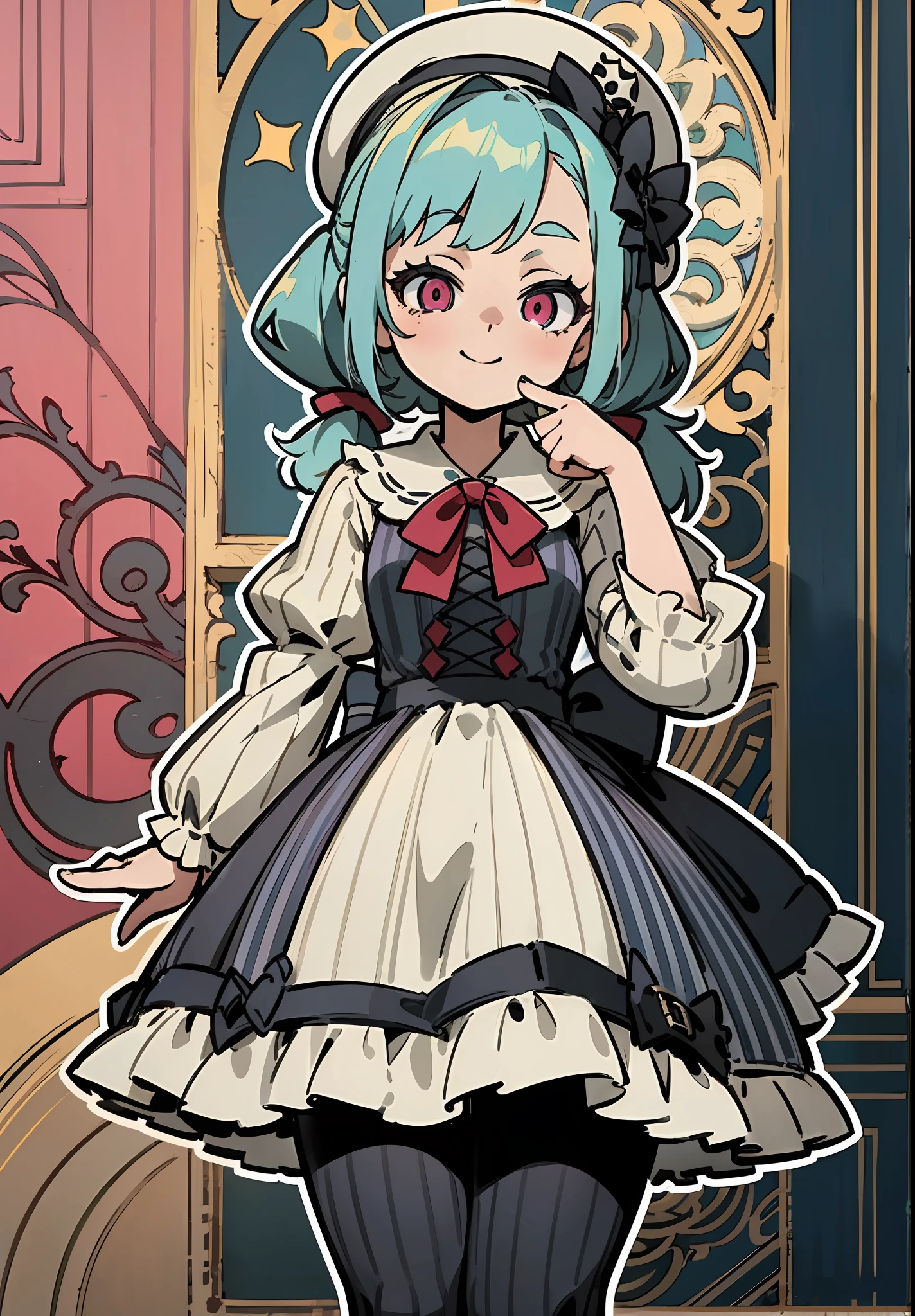 ((Dynamic Angle)), ((****)), (child), ((独奏)), (canny smile), (turquoise hair), (ponytails), (pink eyes), ((French beret)), (((smoth))), (Gothic dress), (****ta Dress), (vintage dress), (Black Dress), (frilld), (beige frill;;;;;), (Bows), ((Dark red details)), (((Vertical stripes))), ((Clock face in the background)), (library), ((thick outlines)), ((white outlines))