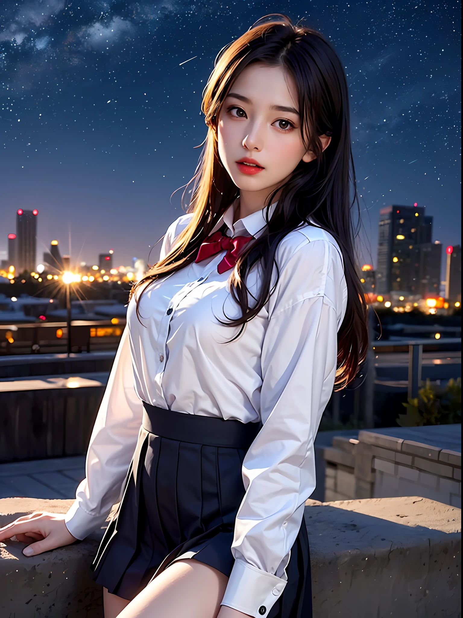 1girl,solo,closed mouth,night,starry sky,light particles,tokiwadai school uniform,red lips ,listening to music, realistic, medium breasts, city