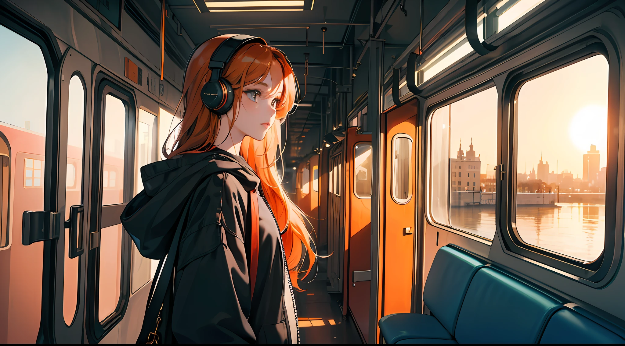 (masterpiece, sidelighting, ultra-detailed, finely detailed beautiful eyes: 1.2), 1girl, bag, building, from side, headphones, hood, hood down, hooded jacket, hoodie, jacket, long hair, orange hair, profile, red hair, solo, train, train interior, upper body, Masterpiece, best quality