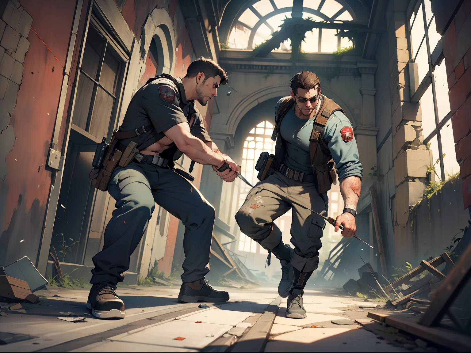 (masterwork) Very high quality, full body shot, Super detailed shooting, Resident Evil setting, Male clergy treat wounded male bard in ruin city corridors, 32K resolution, Best quality, Dynamic pose, actionpose, Surreal and charming.