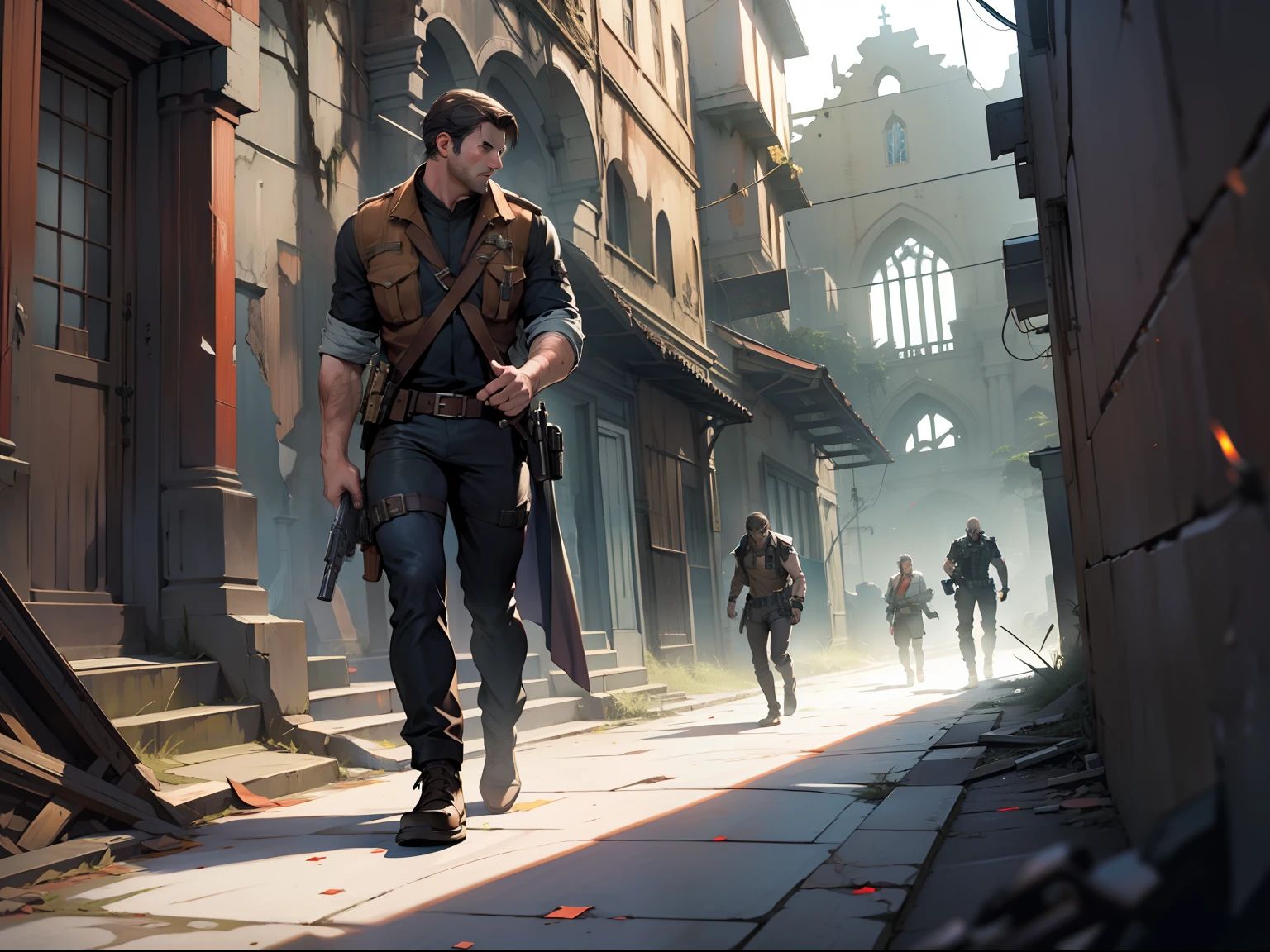(masterwork) Very high quality, full body shot, Super detailed shooting, Resident Evil setting, Male clergy treat wounded male bard in ruin city corridors, 32K resolution, Best quality, Dynamic pose, actionpose, Surreal and charming.
