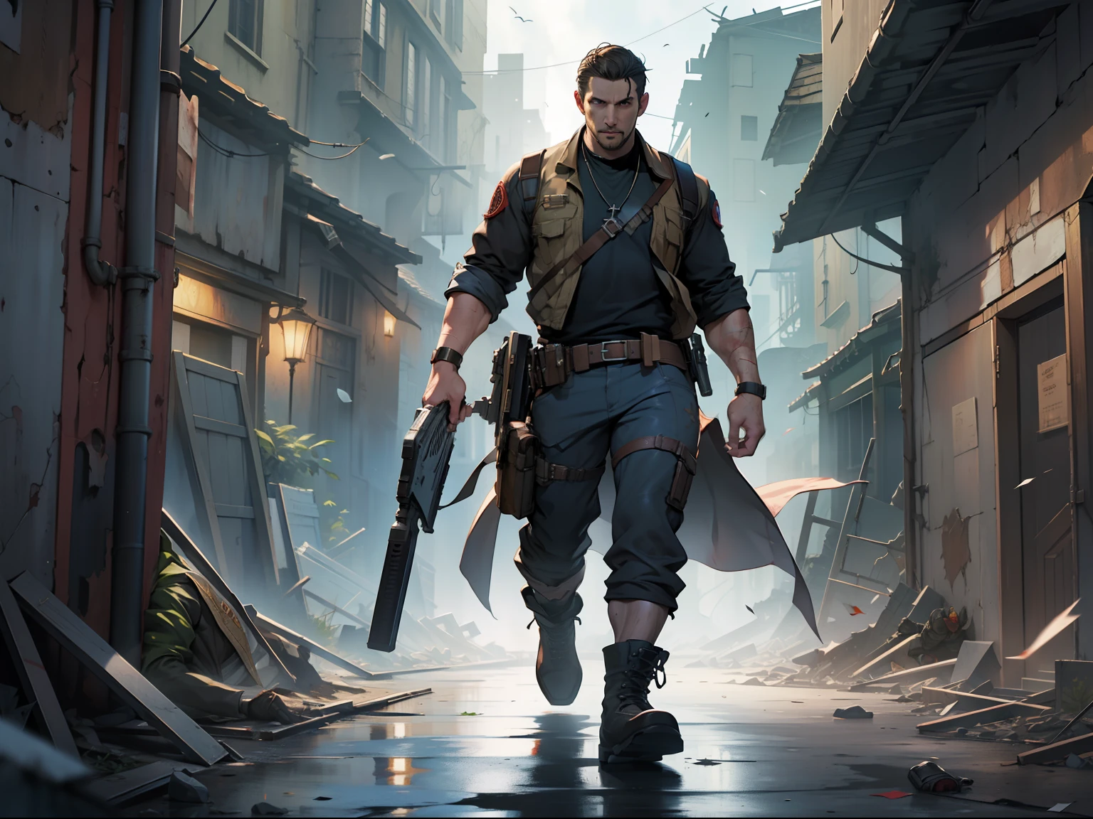 (masterwork) Very high quality, full body shot, Super detailed shooting, Resident Evil setting, Male clergy treat wounded male bard in ruin city corridors, 32K resolution, Best quality, Dynamic pose, actionpose, Surreal and charming.