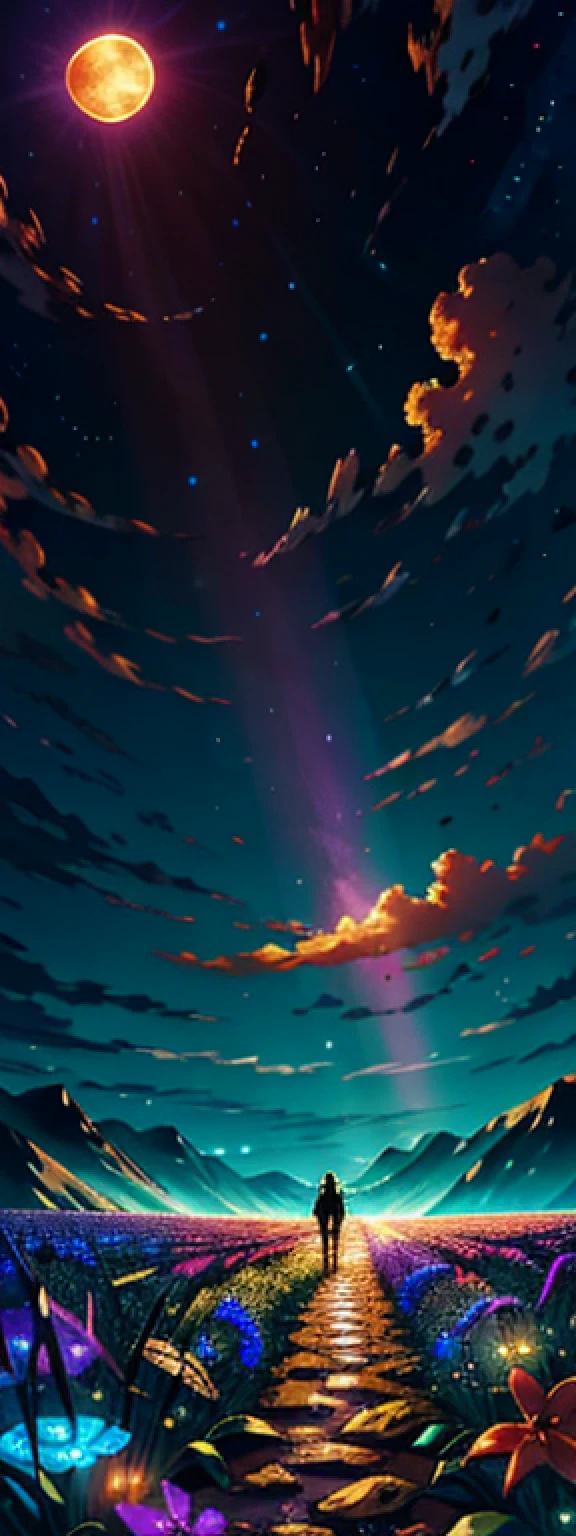 expansive landscape photograph , (a view from below that shows sky above and open field below), a girl standing on flower field looking up, (full moon:1.2), ( shooting stars:0.9), (nebula:1.3), distant mountain, tree BREAK
production art, (warm light source:1.2), (Firefly:1.2), lamp, lot of purple and orange, intricate details, volumetric lighting BREAK
(masterpiece:1.2), (best quality), 4k, ultra-detailed, (dynamic composition:1.4), highly detailed, colorful details,( iridescent colors:1.2), (glowing lighting, atmospheric lighting), dreamy, magical, (solo:1.2)