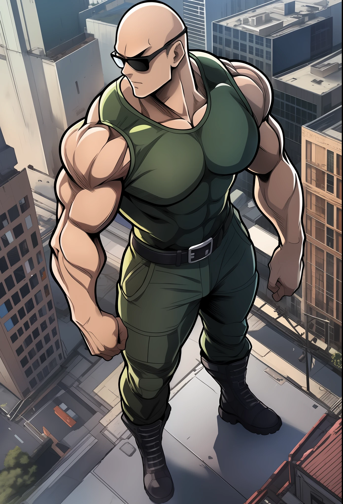 Generate an anime-style artwork with a high-angle shot of a muscular male character with his body facing the camera, THE CHARACTER IS ON TOP OF A TALL BUILDING, The protagonist must have an extremely muscular, very tall body similar to that of a bodybuilder. The character must be bald and dressed in a dark blue tank top, military green pants and black belt and wearing black military boots and sunglasses. The image must depict the character's full body, with the focus on his intimidating posture. The protagonist must exude strength and dominance, displaying a powerful presence. The scene must only feature the muscular character, THE CHARACTER MUST BE ON TOP OF A BUILDING SHOWING A LARGE CITY BELOW IT