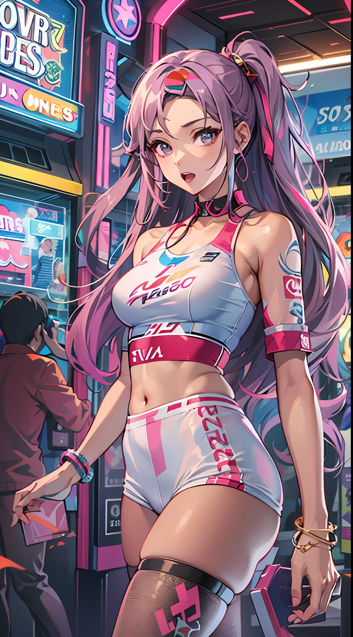 ((Masterpiece)), best quality, absurderes, ultra detailed, holographic, cowboy shot, dynamic pose, golden ratio, super cute girl, mature girl, idol girl, super beautiful asian girl with very beautiful violet glowing eyes, beautiful glowing brown multicolored hair, high ponytail, nice and sexy body, slim body, perfect body, wearing a super tight anime printed leotard, an anime printed super tight off shoulder short sleeve crop top, a super aesthetic transparent mini jacket, beautiful hair ornament, pink jordan tennis, being photographed in the dancing arcade games