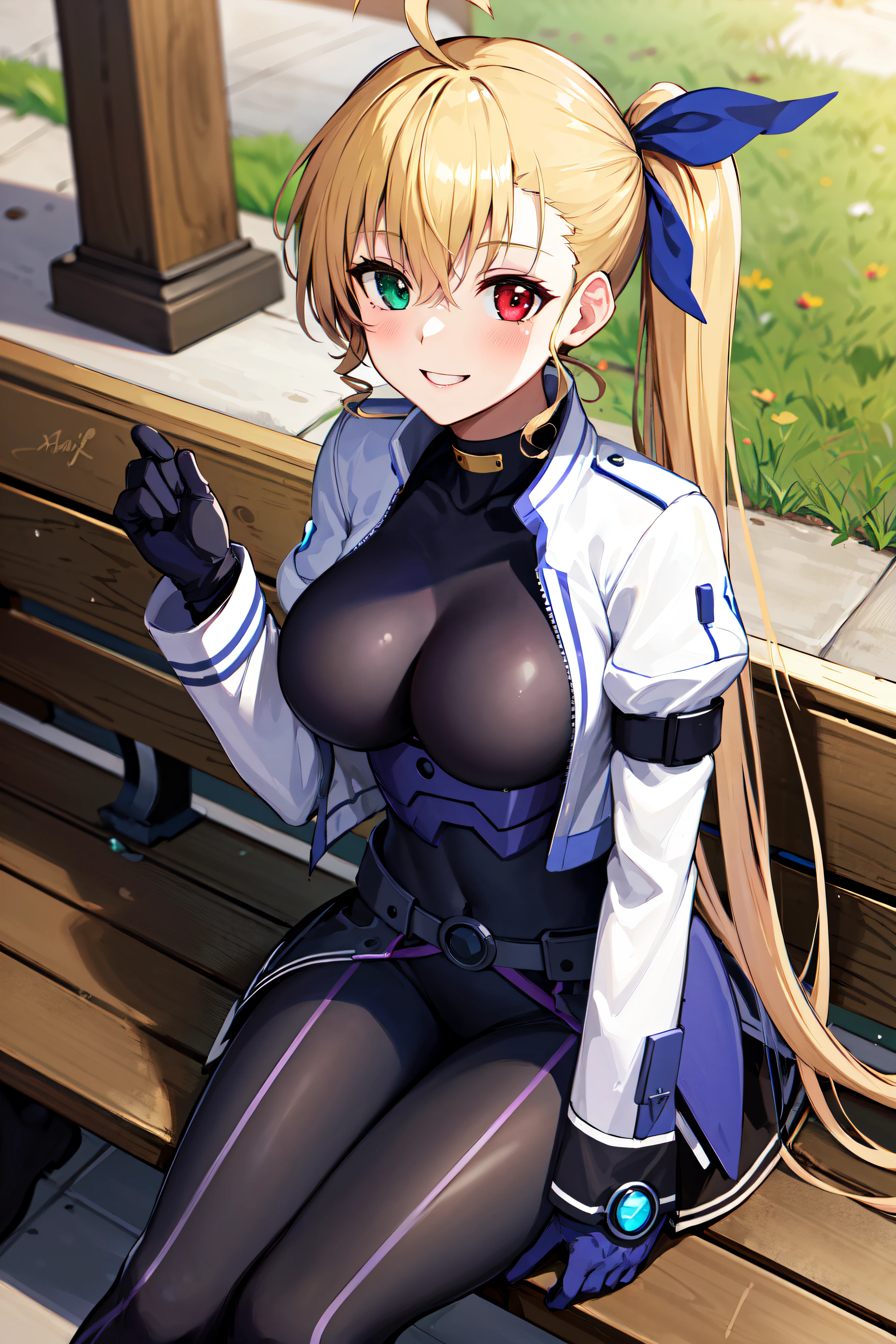 masterpiece, best quality, highres, 1girl, vivio1, heterochromia, ribbon, gloves, large breasts, ahoge, black_bodysuit, white jacket, park bench, sitting, smile,