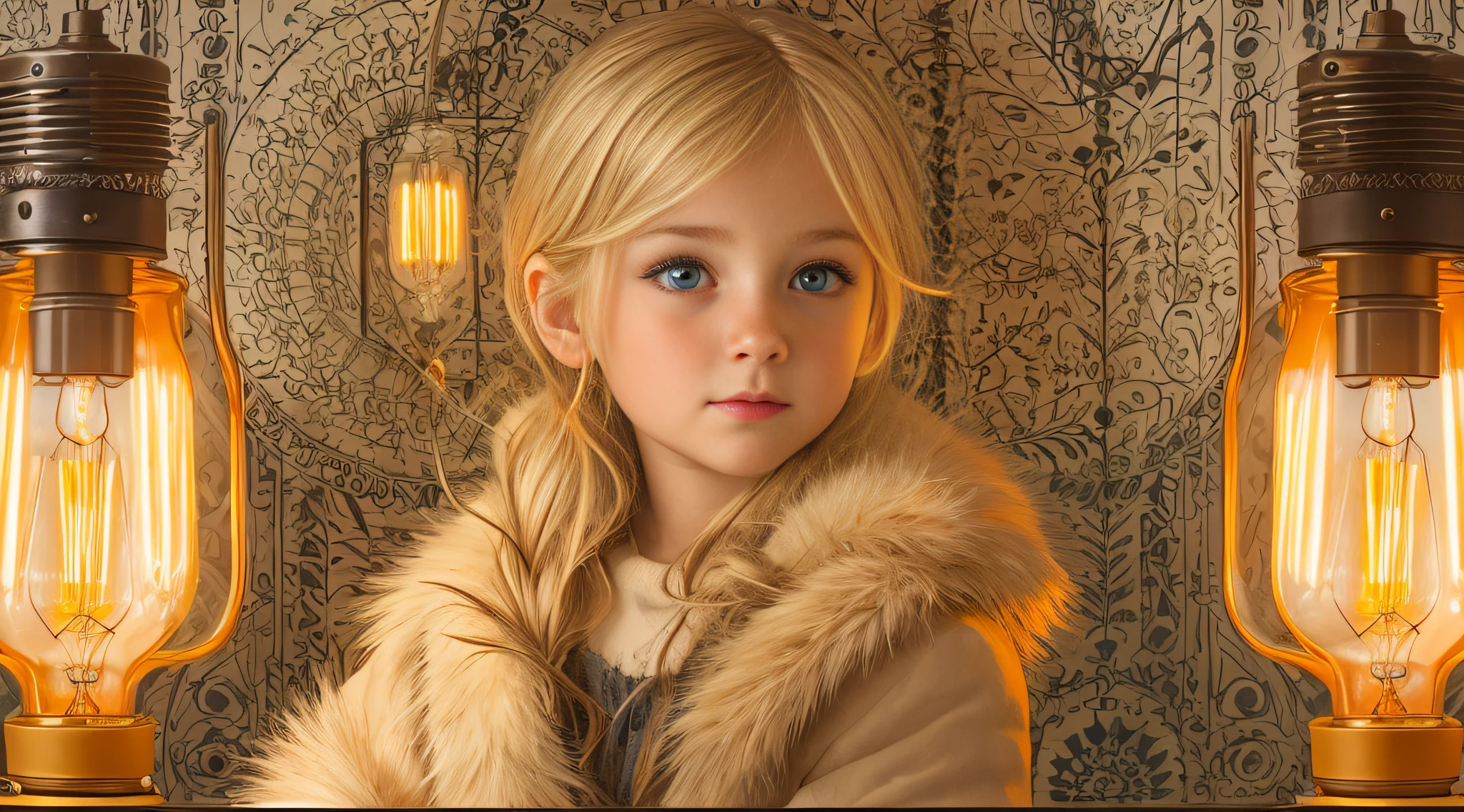 there is a GIRL CHILD 12 YEARS BLONDE CABEL SMOOTH BIG, PORTRAIT, WITH FUR COAT, a closeup of a lot of lamps hanging from a ceiling, nostalgic lighting, lamps, retro lights, some lamps, vibrant lighting, vibrant lights, various lighting climate, commercial lighting, industrial lighting, technological lights, creative lighting, lots of bright lights, cold hot lighting,  bright lamps, glass lamps, bright electric orange lights, warm lighting, nixie tubes