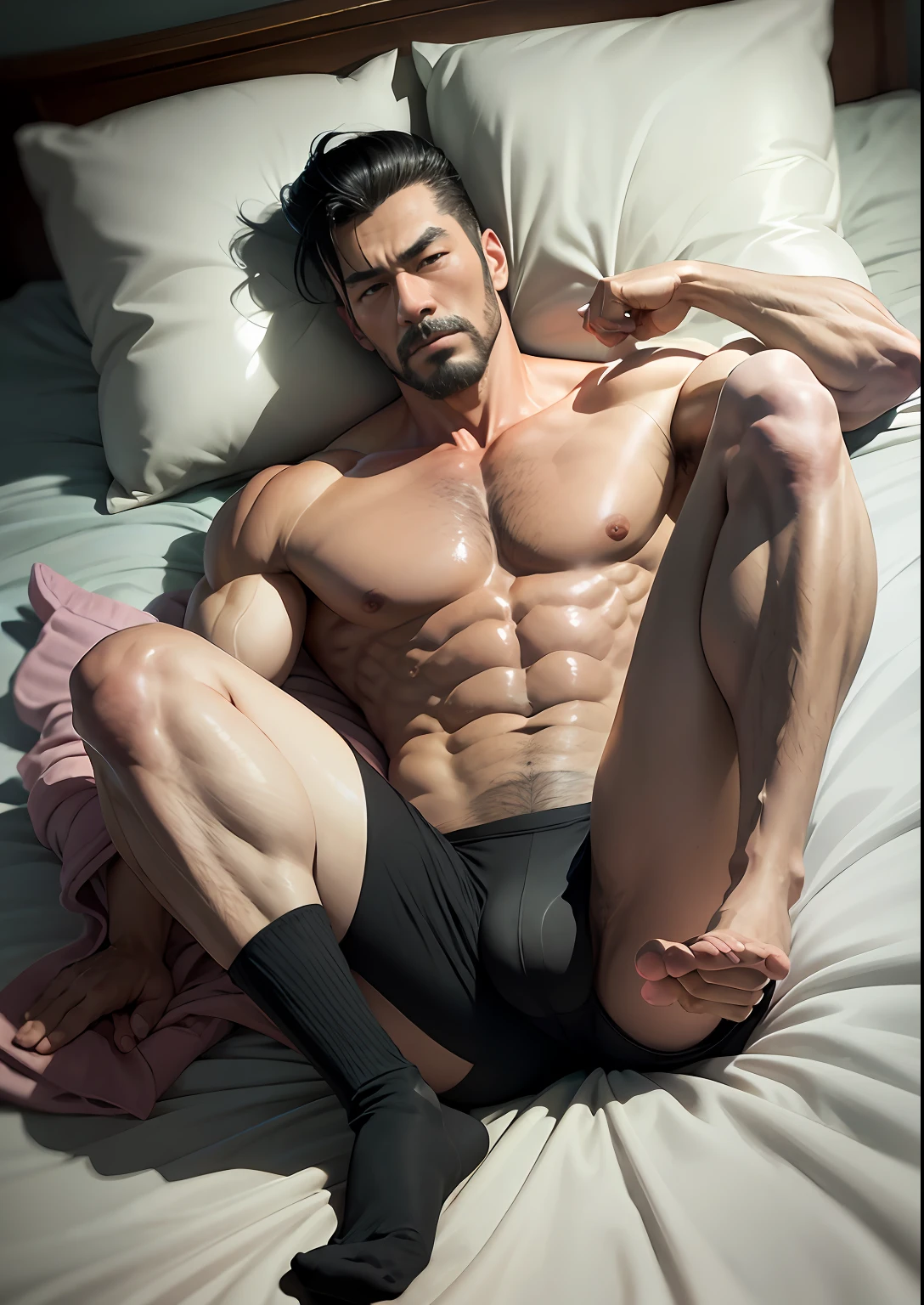 aged 40，Kogoro Mouri，Boss，Shirtless man in underwear（The contour is raised），onbed，leg wide open，Tong，full beard，Black socks，Mouth open