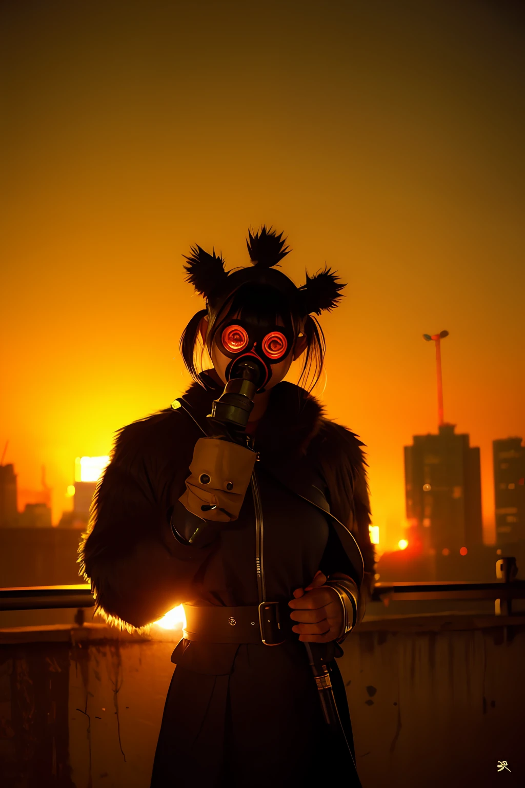 Large gas mask、fur-coat、dictator、Big dragon tattoo、Tattoos all over the body、Glowing headgear、On the rooftop、Huge background is a neon sign、Leather gloves、long boots、Holding a Japan sword、Baseball armor、insurrection、Nuclear power plant in the background、Terrorist groups、Fluorescence Headgear、short-haired、bleu hair、Ignite fire from a flamethrower、middle school girl、14years、gas masks、high socks、Rooftop at night、City on fire in the background