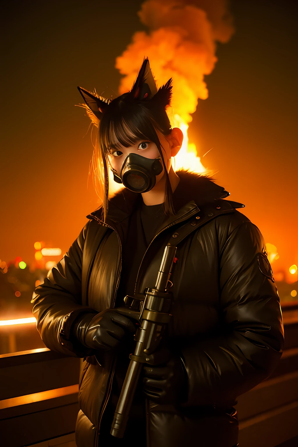 Large gas mask、fur-coat、dictator、Big dragon tattoo、Tattoos all over the body、Glowing headgear、On the rooftop、Huge background is a neon sign、Leather gloves、long boots、Holding a Japan sword、Baseball armor、insurrection、Nuclear power plant in the background、Terrorist groups、Fluorescence Headgear、short-haired、bleu hair、Ignite fire from a flamethrower、middle school girl、14years、gas masks、high socks、Rooftop at night、City on fire in the background