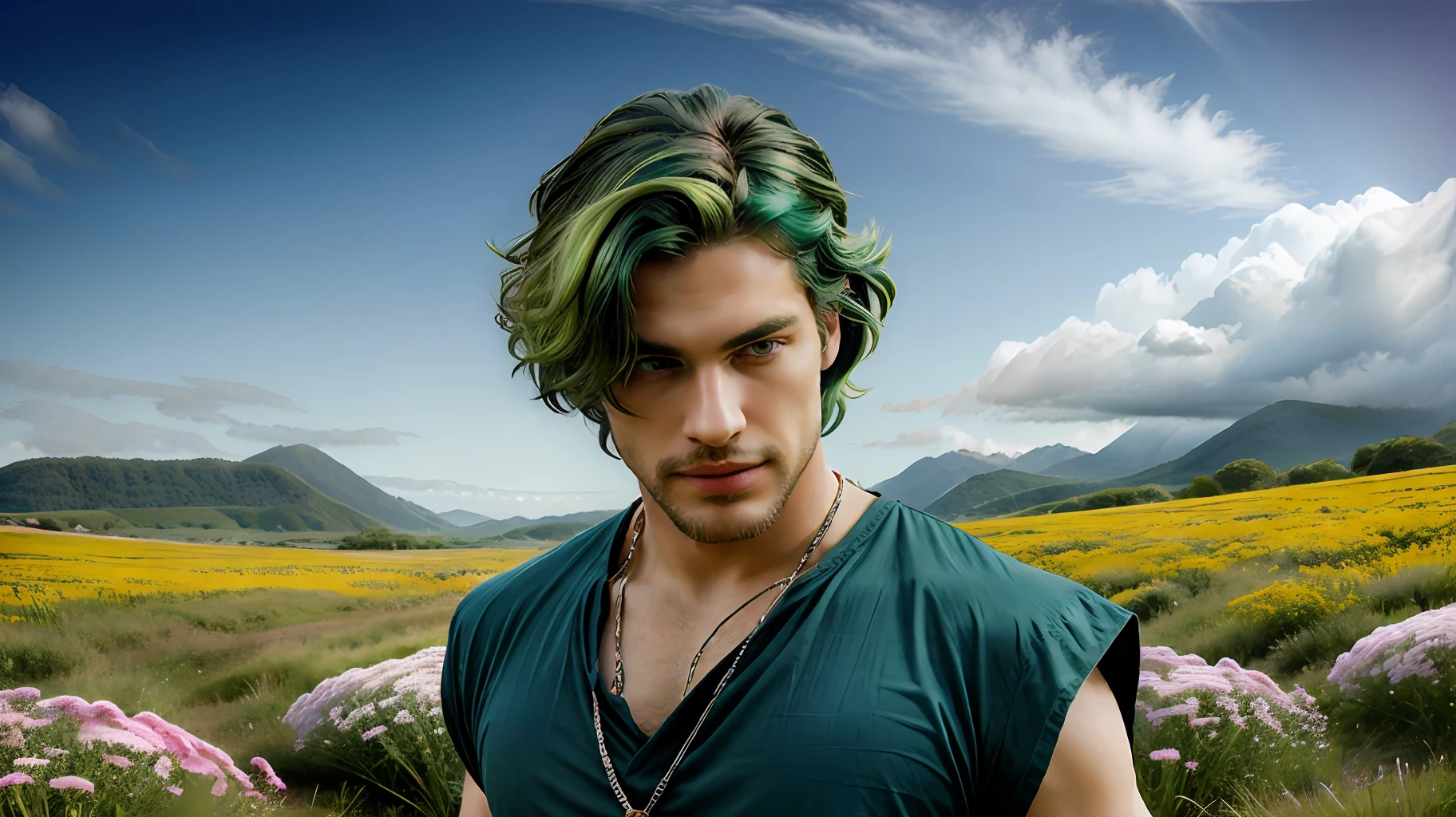 Generate a charismatic male god embodying the Taurus zodiac sign, donned in green attire and sporting vibrant green hair, on the beautiful landscape of planet Venus, with beautiful flowers and taurus bull sign