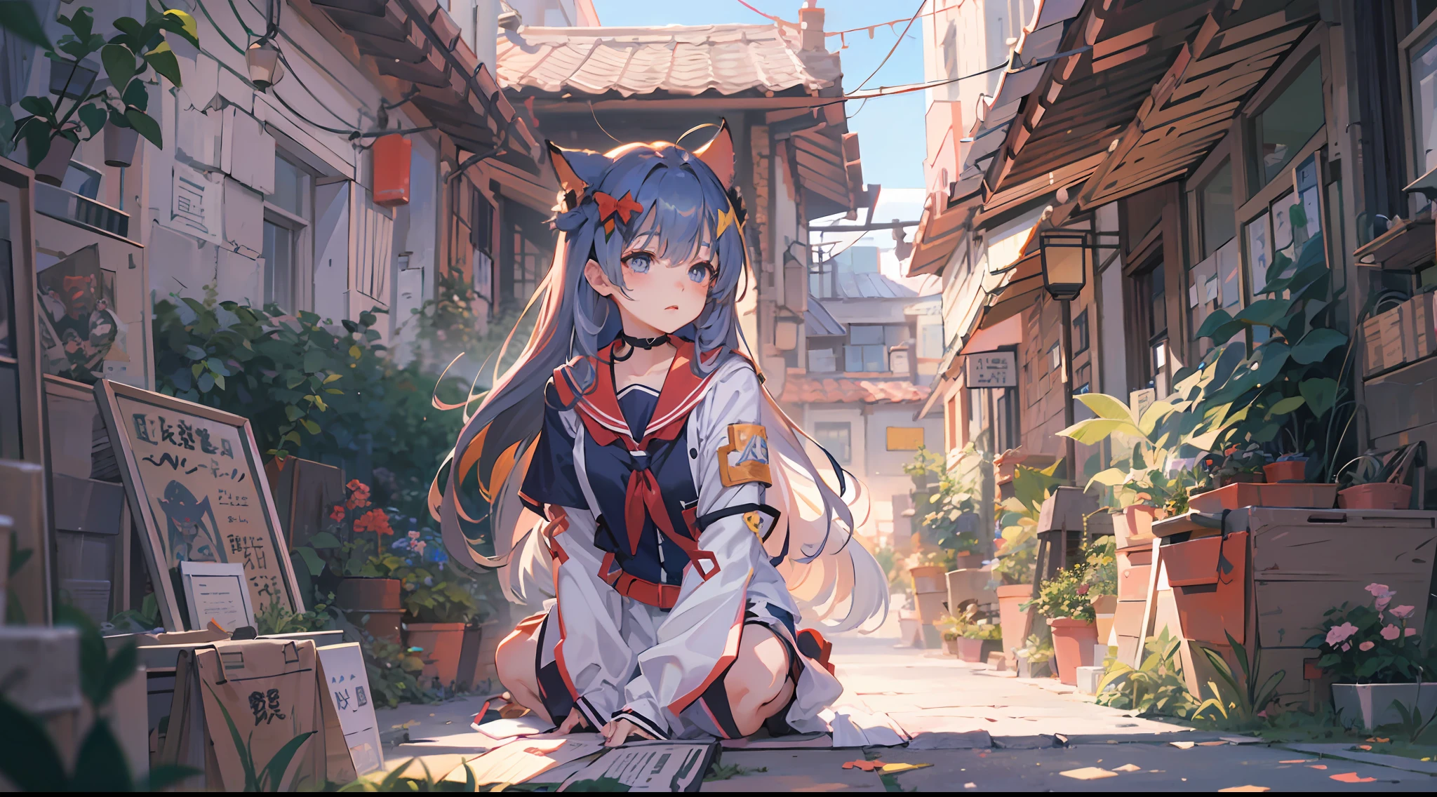 Anime girl sitting in front of a building, anime style 4 k, anime moe art style, Kantai Collection Style, Very Beautiful Anime Cat Girl, cute anime catgirl, , Anime 4K, Anime art wallpaper 8k, azur lane style, Anime girl with cat ears,Buildings and cliffs eroded by vegetation,Background Main,arknights、made in abyss、Chinese style illustration、avatar、Fantasia、detailed digital art、Beautiful、detailed portrait of an anime girl、hi-school girl、military outfits、a sailor suit
