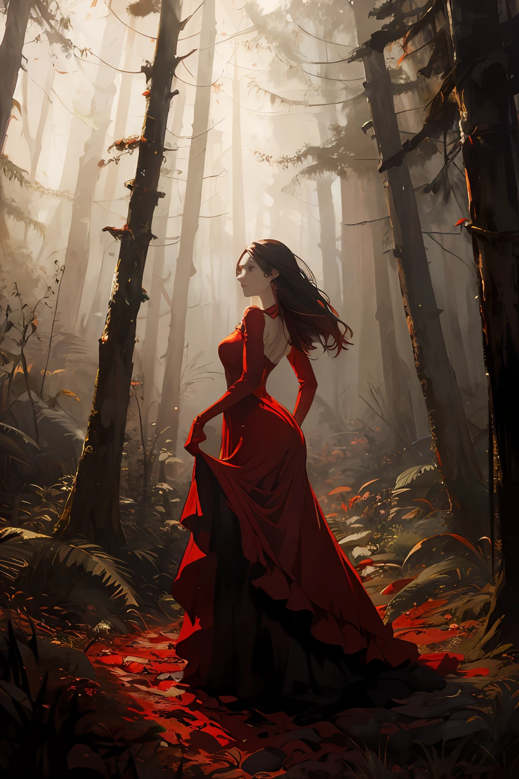 Woman in red dress dancing in a dark forest, oil-painting, Greg Rutkowski style, dark