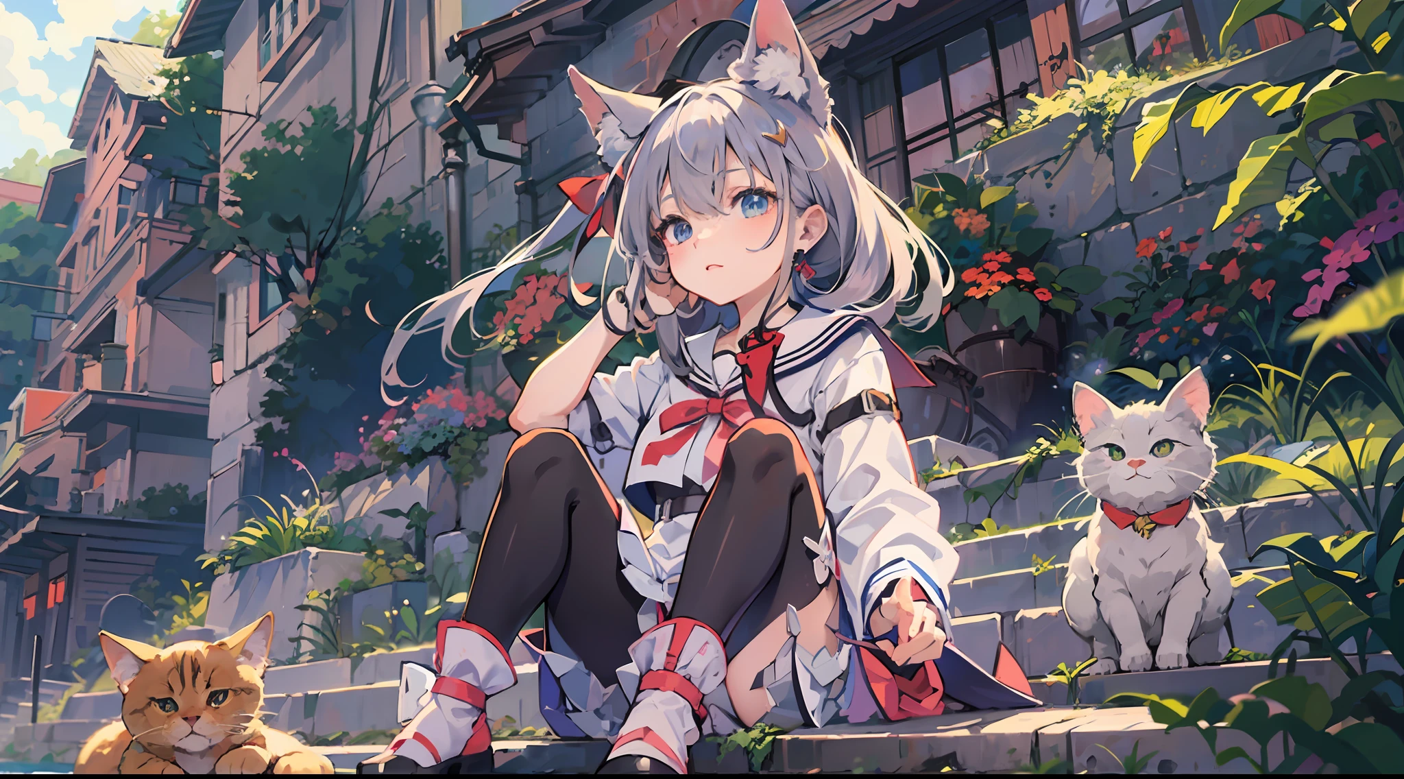 Anime girl sitting in front of a building, anime style 4 k, anime moe art style, Kantai Collection Style, Very Beautiful Anime Cat Girl, cute anime catgirl, , Anime 4K, Anime art wallpaper 8k, azur lane style, Anime girl with cat ears,Buildings and cliffs eroded by vegetation,Background Main,arknights、made in abyss、Chinese style illustration、avatar、Fantasia、detailed digital art、Beautiful、detailed portrait of an anime girl、hi-school girl、military outfits、a sailor suit