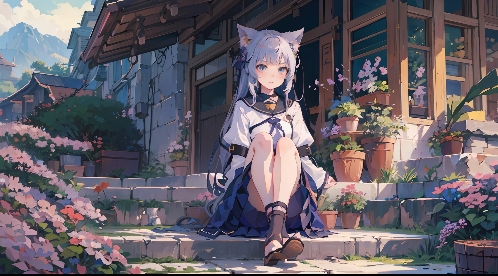 Anime girl sitting in front of a building, anime style 4 k, anime moe art style, Kantai Collection Style, Very Beautiful Anime Cat Girl, cute anime catgirl, , Anime 4K, Anime art wallpaper 8k, azur lane style, Anime girl with cat ears,Buildings and cliffs eroded by vegetation,Background Main,arknights、made in abyss、Chinese style illustration、avatar、Fantasia、detailed digital art、Beautiful、detailed portrait of an anime girl、hi-school girl、military outfits、a sailor suit