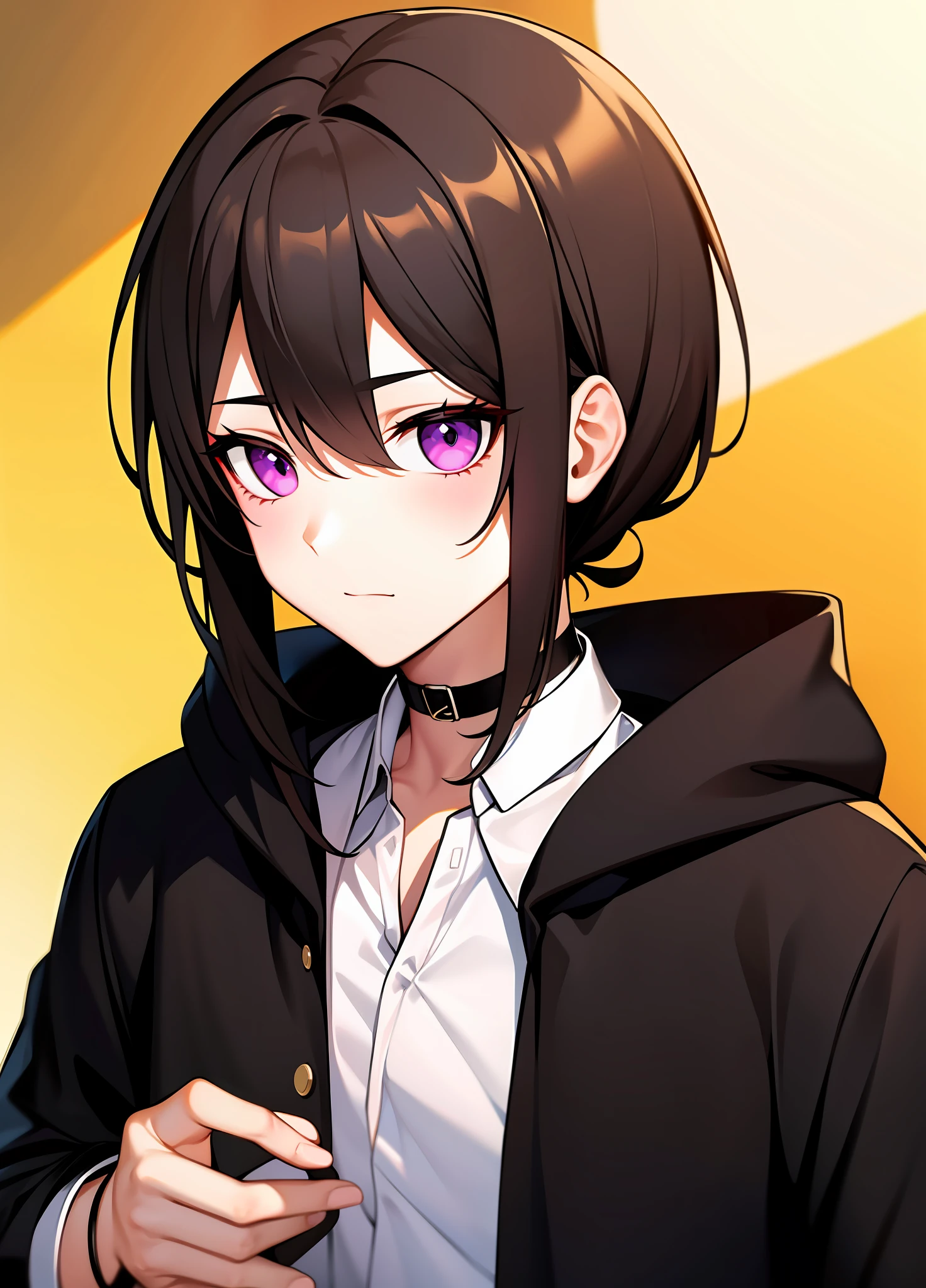 Bangs brown hair、Devil pupil purple eyes、Black cape、White shirt、Black coat（0.91 weights）、pony tails、Anime style、age uncensored、cool guy、Male general