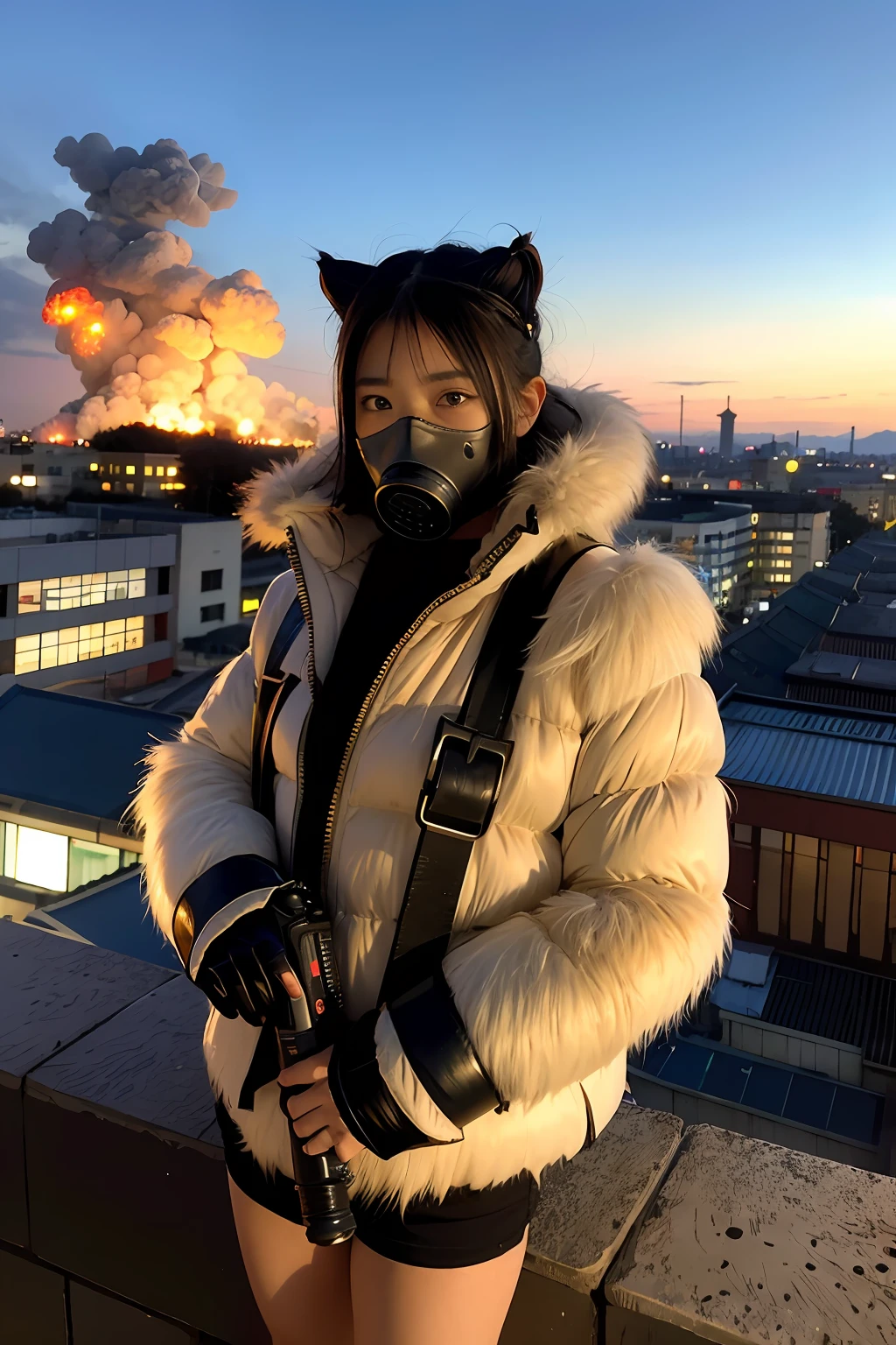 Large gas mask、fur-coat、dictator、Big dragon tattoo、Tattoos all over the body、Glowing headgear、On the rooftop、Huge background is a neon sign、Leather gloves、long boots、Holding a Japan sword、Baseball armor、insurrection、Nuclear power plant in the background、Terrorist groups、Fluorescence Headgear、short-haired、bleu hair、Ignite fire from a flamethrower、middle school girl、14years、gas masks、high socks、Rooftop at night、City on fire in the background