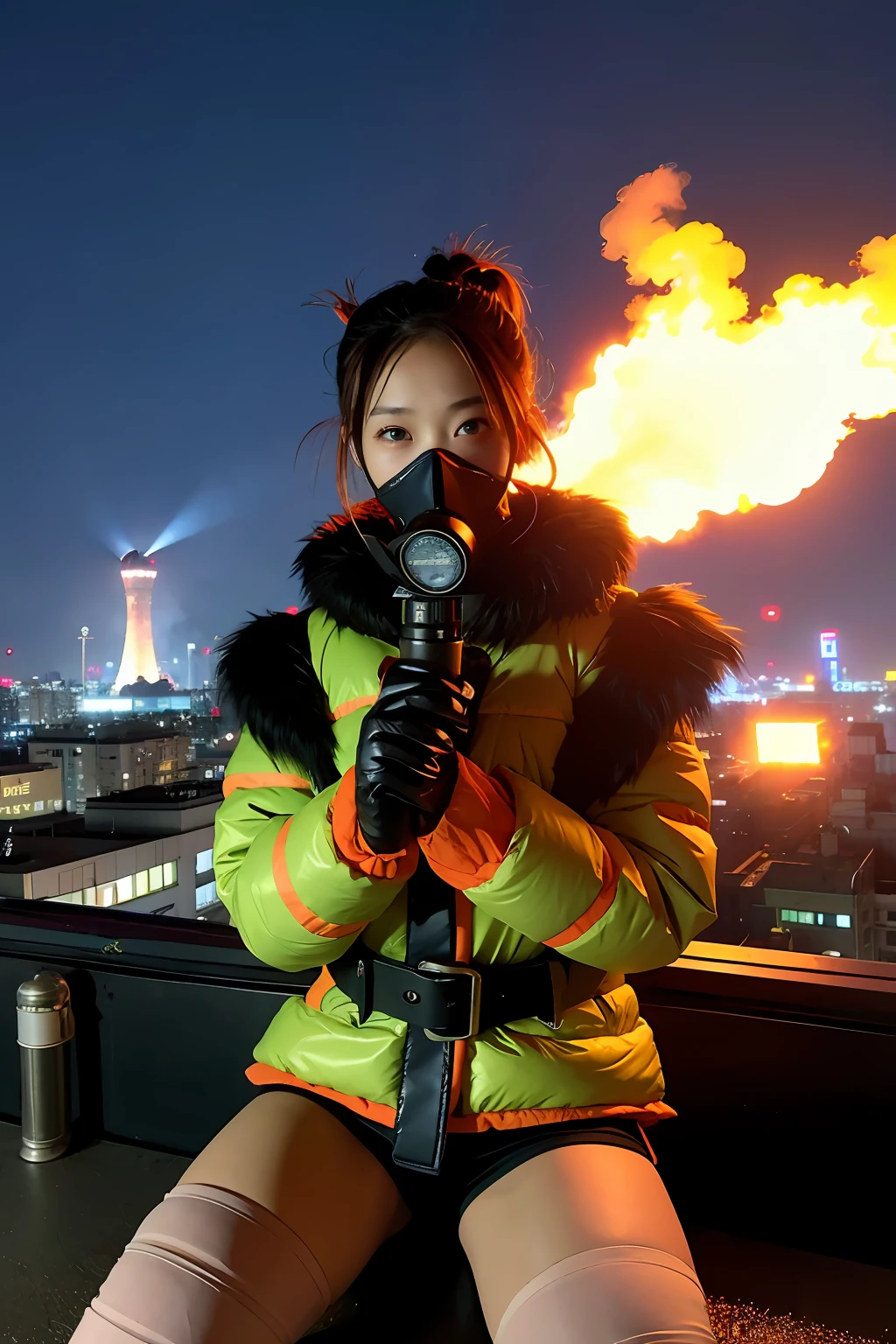 Large gas mask、fur-coat、dictator、Big dragon tattoo、Tattoos all over the body、Glowing headgear、On the rooftop、Huge background is a neon sign、Leather gloves、boots、Holding a Japan sword、Baseball armor、insurrection、Nuclear power plant in the background、Terrorist groups、Fluorescence Headgear、short-haired、bleu hair、Ignite fire from a flamethrower、middle school girl、14years、gas masks、high socks、Rooftop at night、City on fire in the background