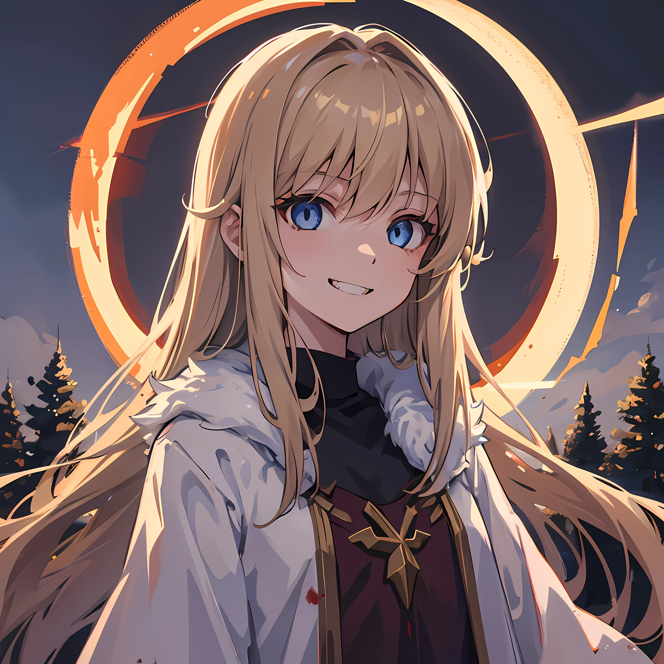 face only, 1girl, solo, small girl, small chest, blood on clothes, petite, standing, messy hair, very long hair, light brown hair, light hair, pointy hair, spike hair, medieval winter clothes, fur dress, white dress, forest background, trees, night, moon, hypnoLora, empty eyes, blue empty eyes, masterpiece, illustration, portrait, sketch, sketch lines, anime screen cap, artstyle, cold lightning, grin, smile, evil, blood,
