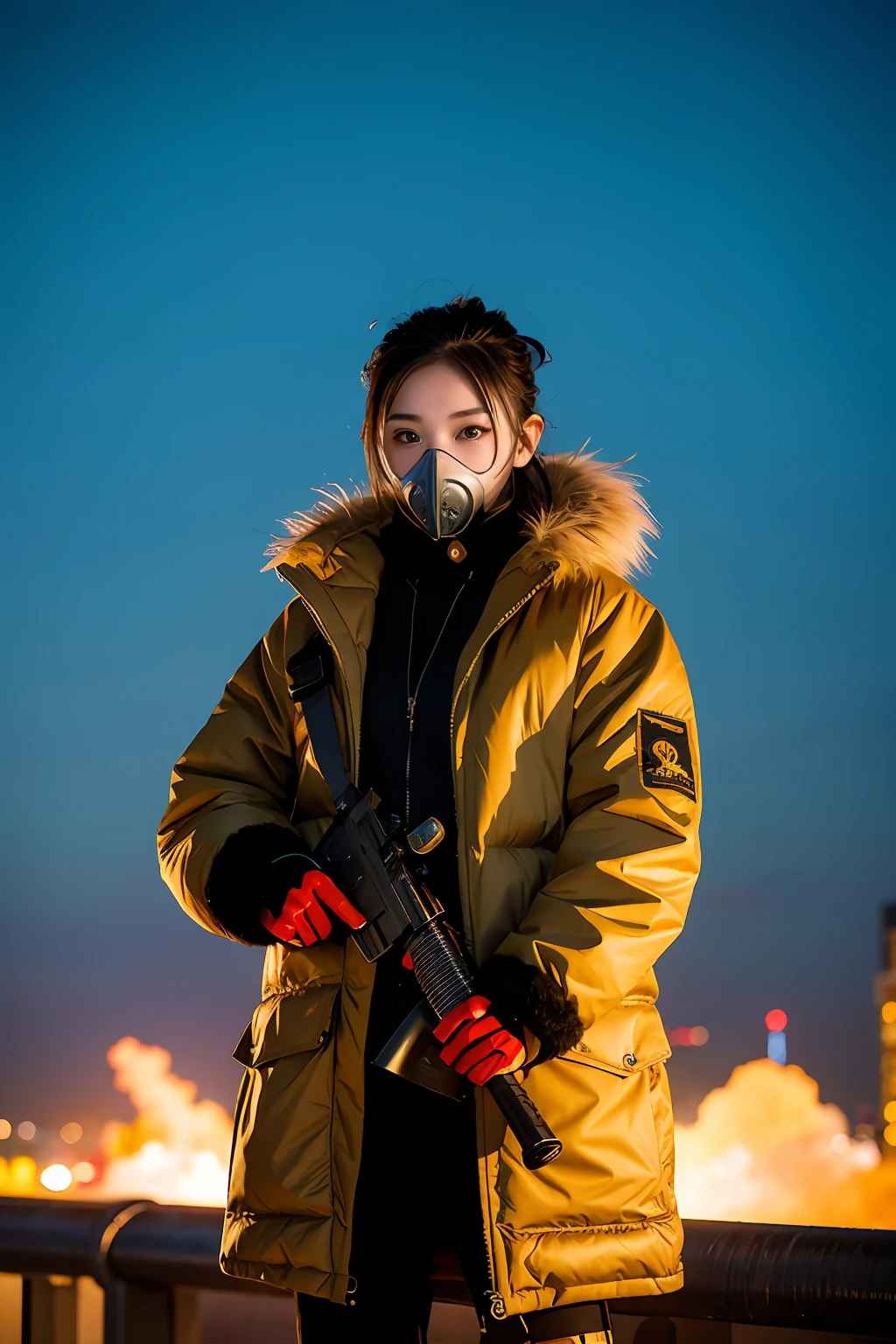 Large gas mask、fur-coat、dictator、Big dragon tattoo、Tattoos all over the body、Glowing headgear、On the rooftop、Huge background is a neon sign、Leather gloves、long boots、Holding a Japan sword、Baseball armor、insurrection、Nuclear power plant in the background、Terrorist groups、Fluorescence Headgear、short-haired、bleu hair、Ignite fire from a flamethrower、middle school girl、14years、gas masks、high socks、Rooftop at night、City on fire in the background