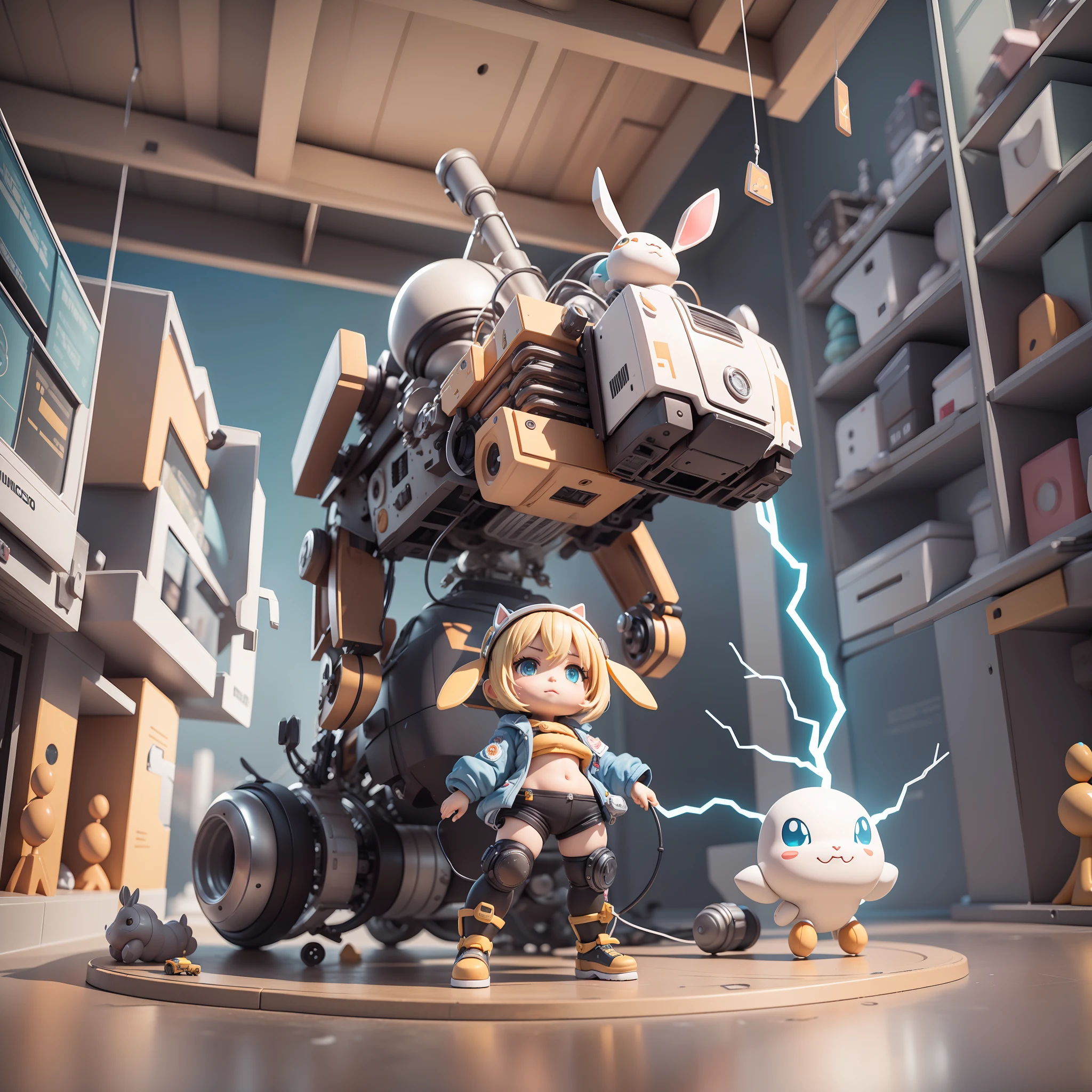 (Mechanicalgirl, coelhinho: 1.331), (Mechanical rabbit tail), estilo bonito, pequeno, big forhead, USANDO COLAR DE BITCOIN, Jato de Lava, 3D rendering, ((Q version)), pokemon style, Machine Style, cinematic texture, Figuras, Pokémon, luzes do filme, Heavy Robotic Arm, Mechanical Belly, mechanic legs, Mechanical Feet, Mechanical feel, Background surround lightning, lightnings, Fresco, fundo branco limpo, ray tracing, Cores de qualidade, Modelo 3D de corpo inteiro, Action, Brinquedos Blind Box Estilosos. (corpo de preenchimento:1.2),chibi BITCOIN