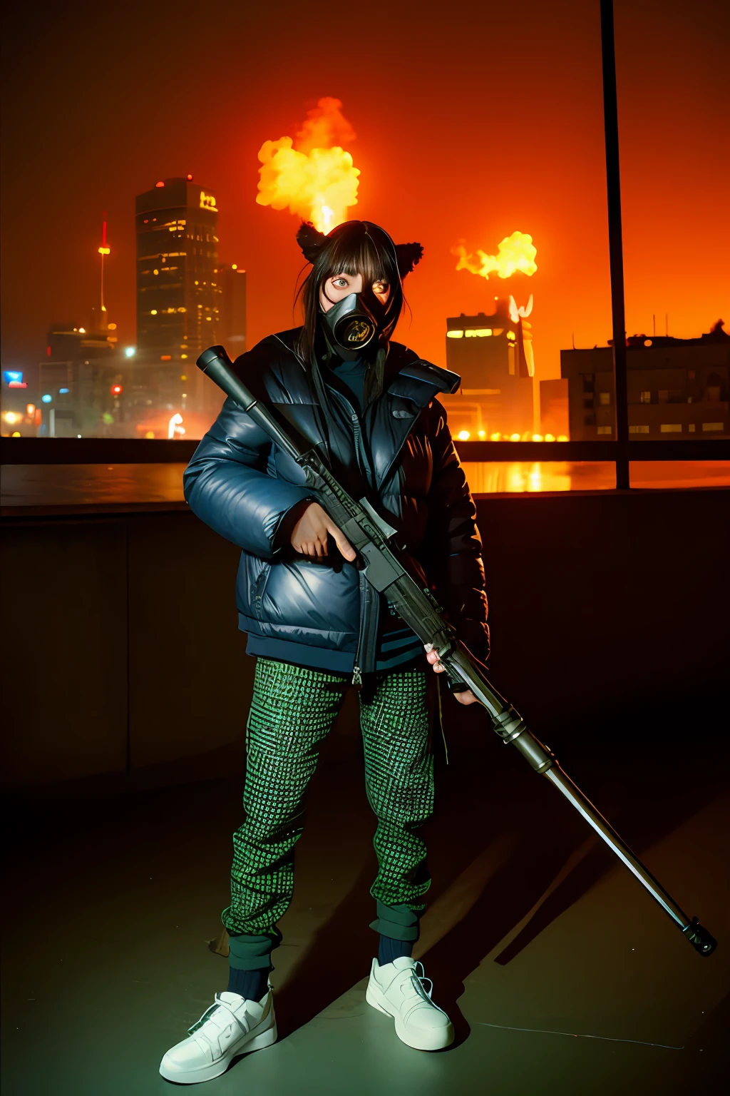 Large gas mask、fur-coat、dictator、Big dragon tattoo、Tattoos all over the body、Glowing headgear、On the rooftop、Huge background is a neon sign、Leather gloves、long boots、Holding a Japan sword、Baseball armor、insurrection、Nuclear power plant in the background、Terrorist groups、Fluorescence Headgear、short-haired、bleu hair、Ignite fire from a flamethrower、middle school girl、14years、gas masks、high socks、Rooftop at night、City on fire in the background