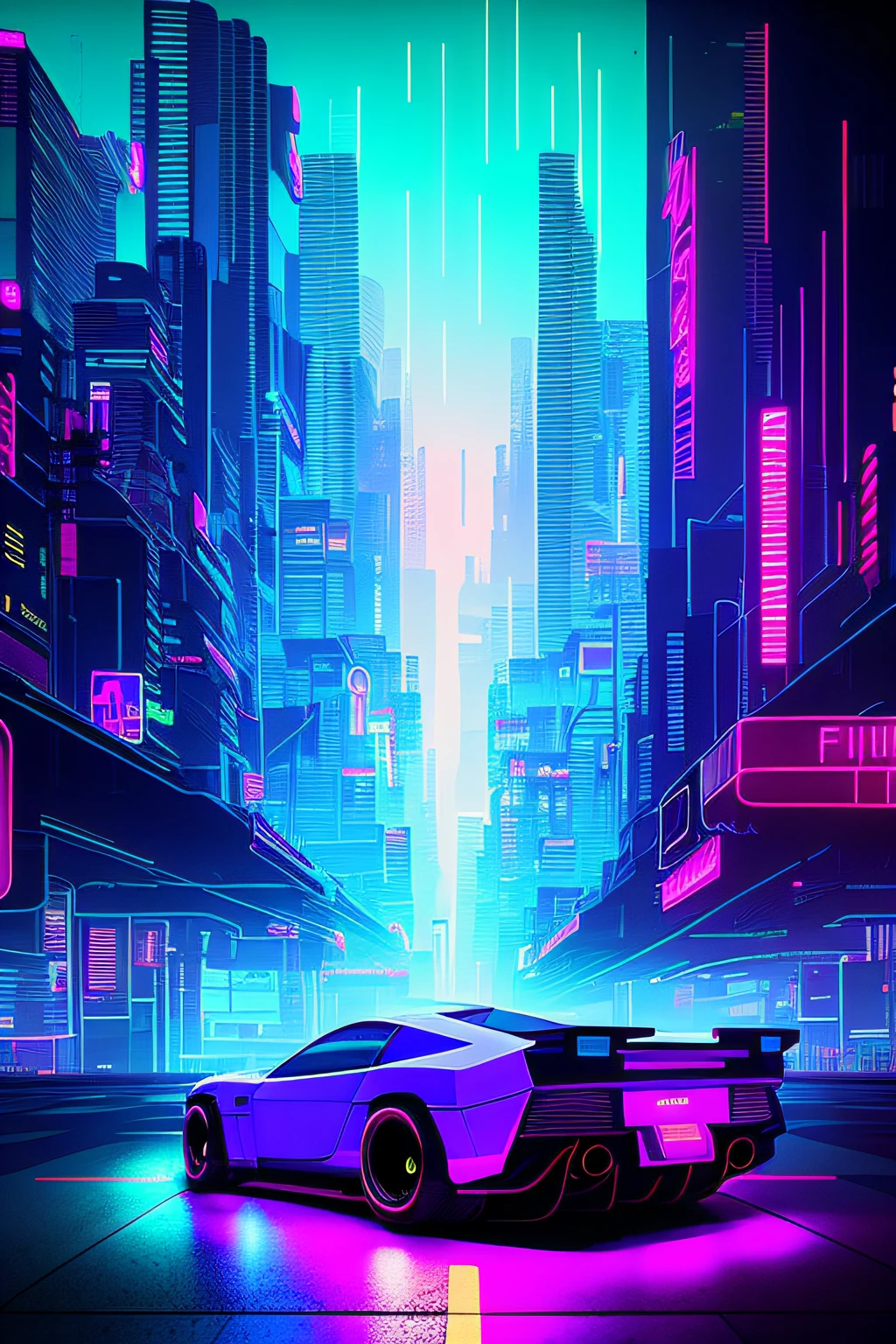 futuristic city with neon lights and a car in the foreground, cyberpunk art inspired by Syd Mead, cg society contest winner, retrofuturism, cyberpunk garage on jupiter, neon city in the background, cyberpunk with neon lighting, in cyberpunk city, in a futuristic cyberpunk city, detailed neon cyberpunk city, cyberpunk city, cyberpunk cityscape, hyper realistic cyberpunk city, neon rainy cyberpunk setting