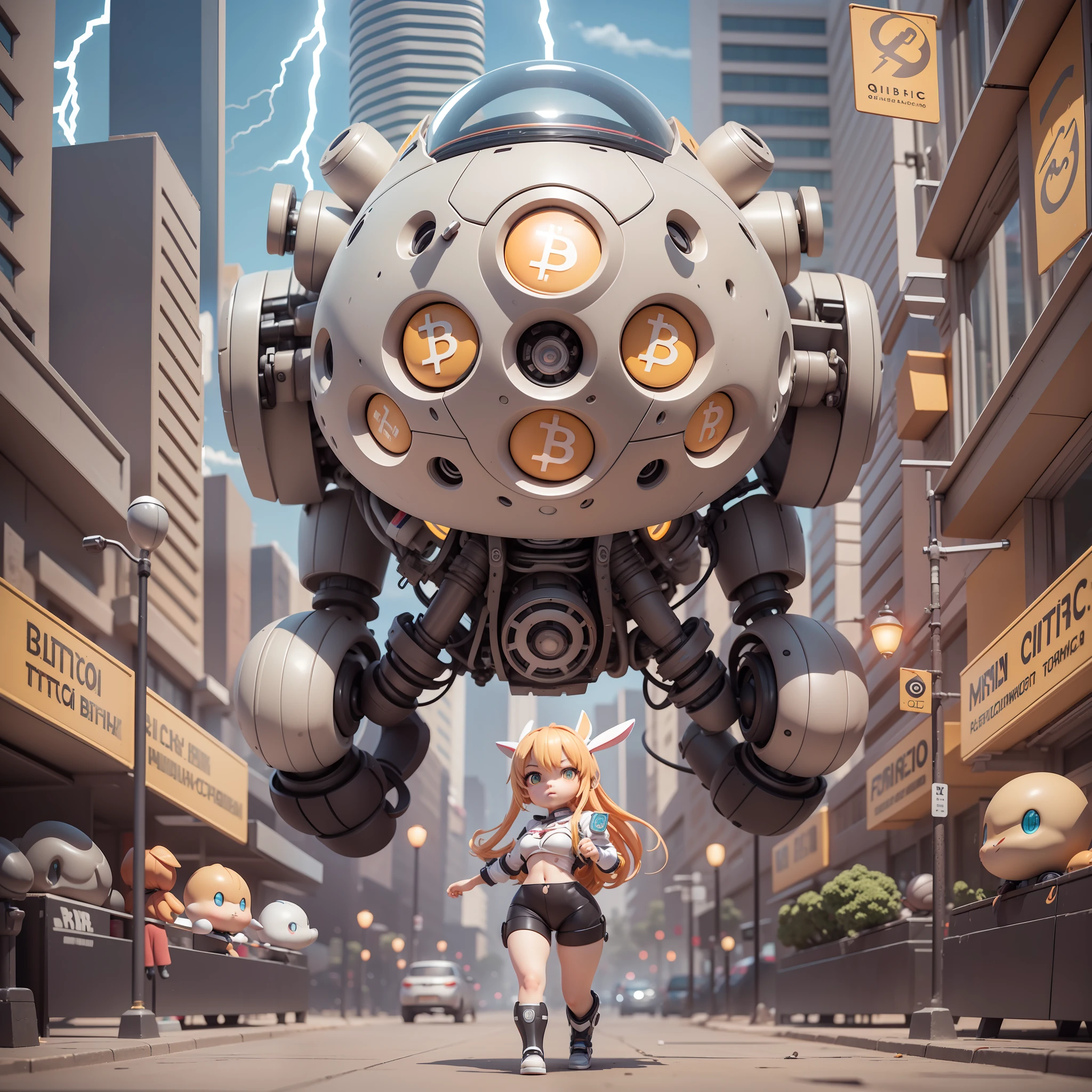 (Mechanicalgirl, coelhinho: 1.331), (Mechanical rabbit tail, COLAR DE BITCOIN ), estilo bonito, pequeno, big forhead, Jato de Lava, 3D rendering, ((Q version)), pokemon style, Machine Style, cinematic texture, Figuras, Pokémon, luzes do filme, Heavy Robotic Arm, Mechanical Belly, mechanic legs, Mechanical Feet, Mechanical feel, Background surround lightning, lightnings, Fresco, fundo branco limpo, ray tracing, Cores de qualidade, Modelo 3D de corpo inteiro, Action, Brinquedos Blind Box Estilosos. (corpo de preenchimento:1.2),chibi BITCOIN