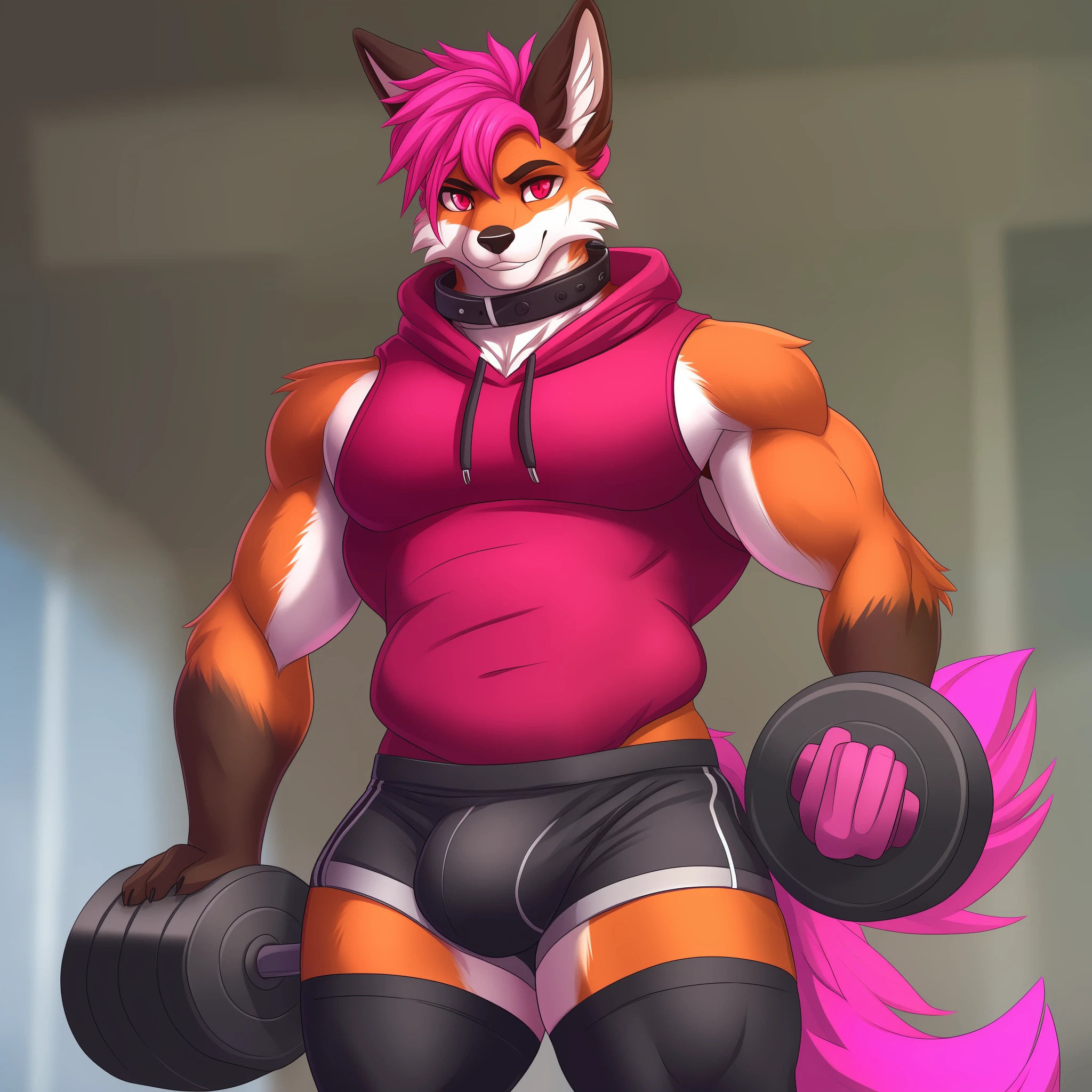 Furry fox, red and pink hair, black colored sleeveless arm sweatshirt and v-collar, red t-shirt under sweatshirt, man, skinny, big thighs, black shorts, brand making a tip in the eyes, black makeup, big topknot with pink tips, big hair with pink tips, red left eye, black right eye, xhadress 2, bulge in pants erect, big_dick, carrying weight of 800 kilos , Big thigh, big tuft hair, working out, lifting weights, fur red