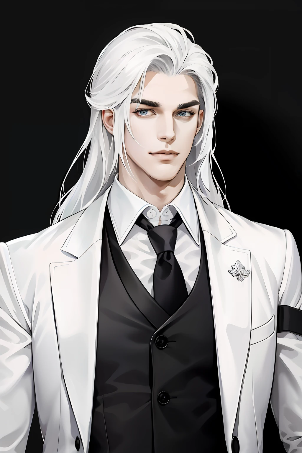 (absurdres, highres, ultra detailed), (1 male, solo, tall guy, broad shoulders, handsome), long white hair, gray eyes, scare on the right eye, (angular jaw, thick neck, thick eyebrows, smirking), BREAK, royal background, dark white suit, Uniform, extremely detailed face, upper body,