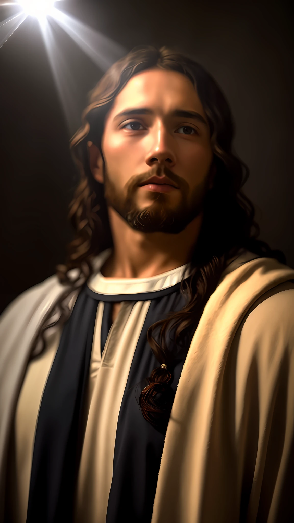 add_detail:1, realistic image of Jesus Christ, add_detail:light and distant light from heaven above the head