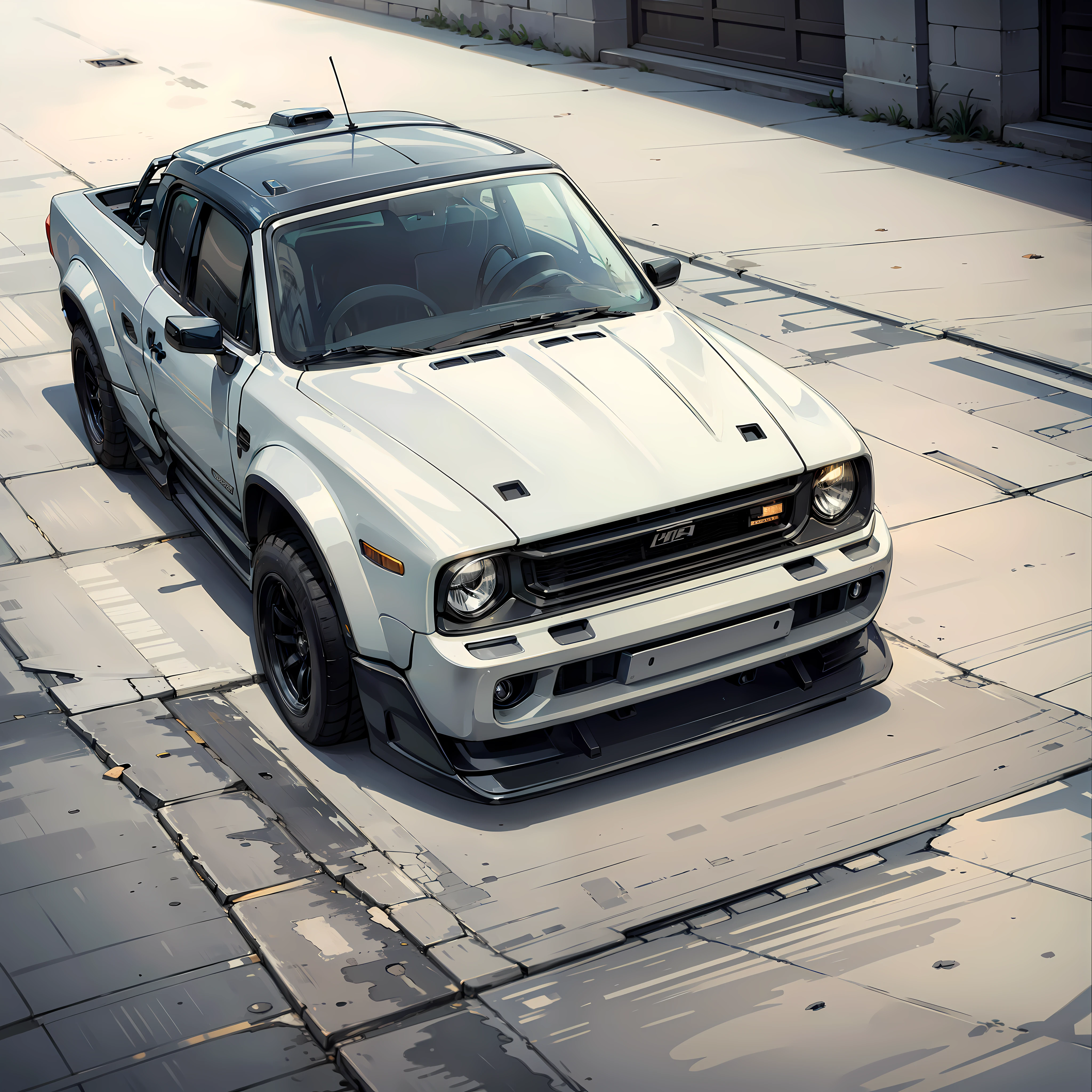 Open-top pickup truck，silver grey，Lateral face